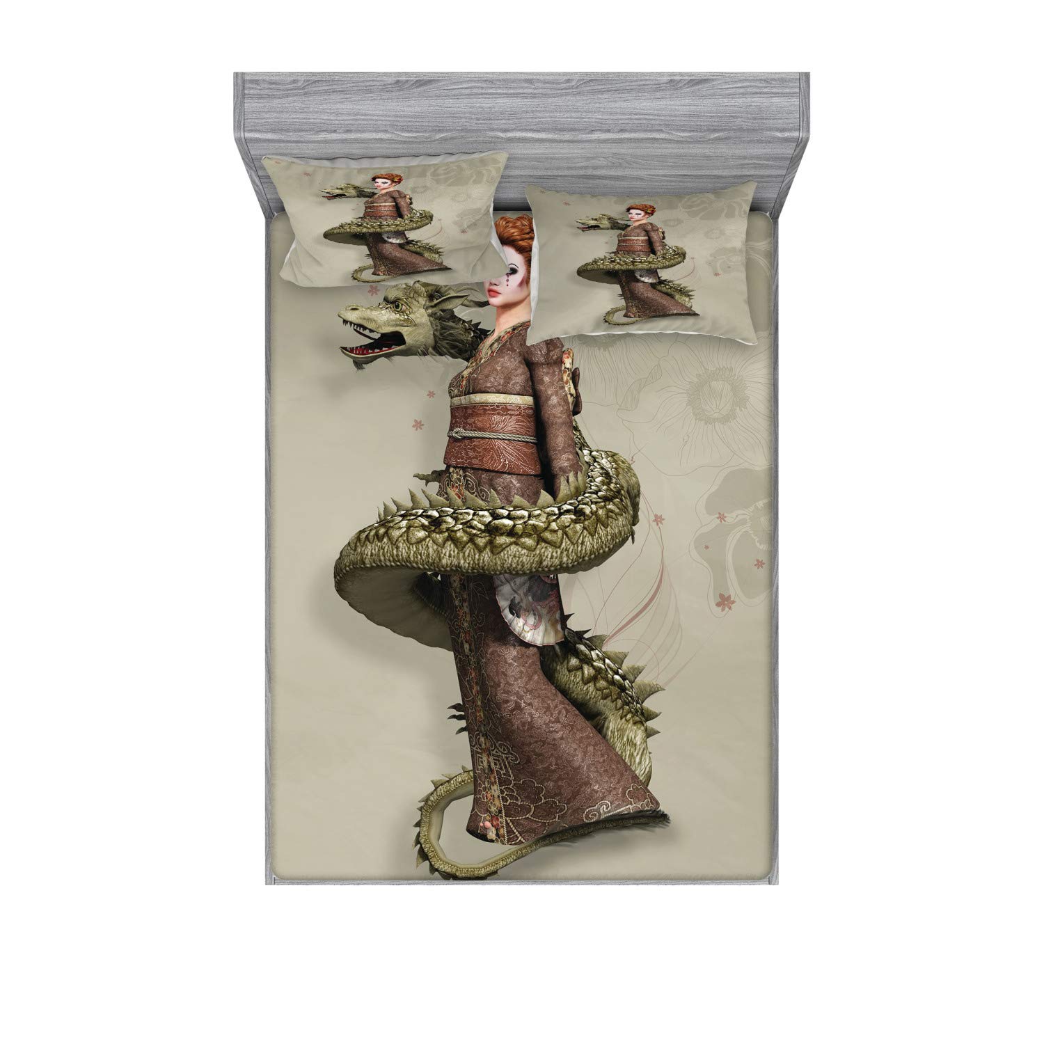 Ambesonne 3-Piece Fantasy Bedding Set - Western Geisha with Dragon Print Fitted Sheet & Pillow Sham, Full Size Olive Green Eggshell for Anime & Gothic Home Decor | Perfect for Themed Bedrooms, Cosplay Events & Unique Gift Ideas