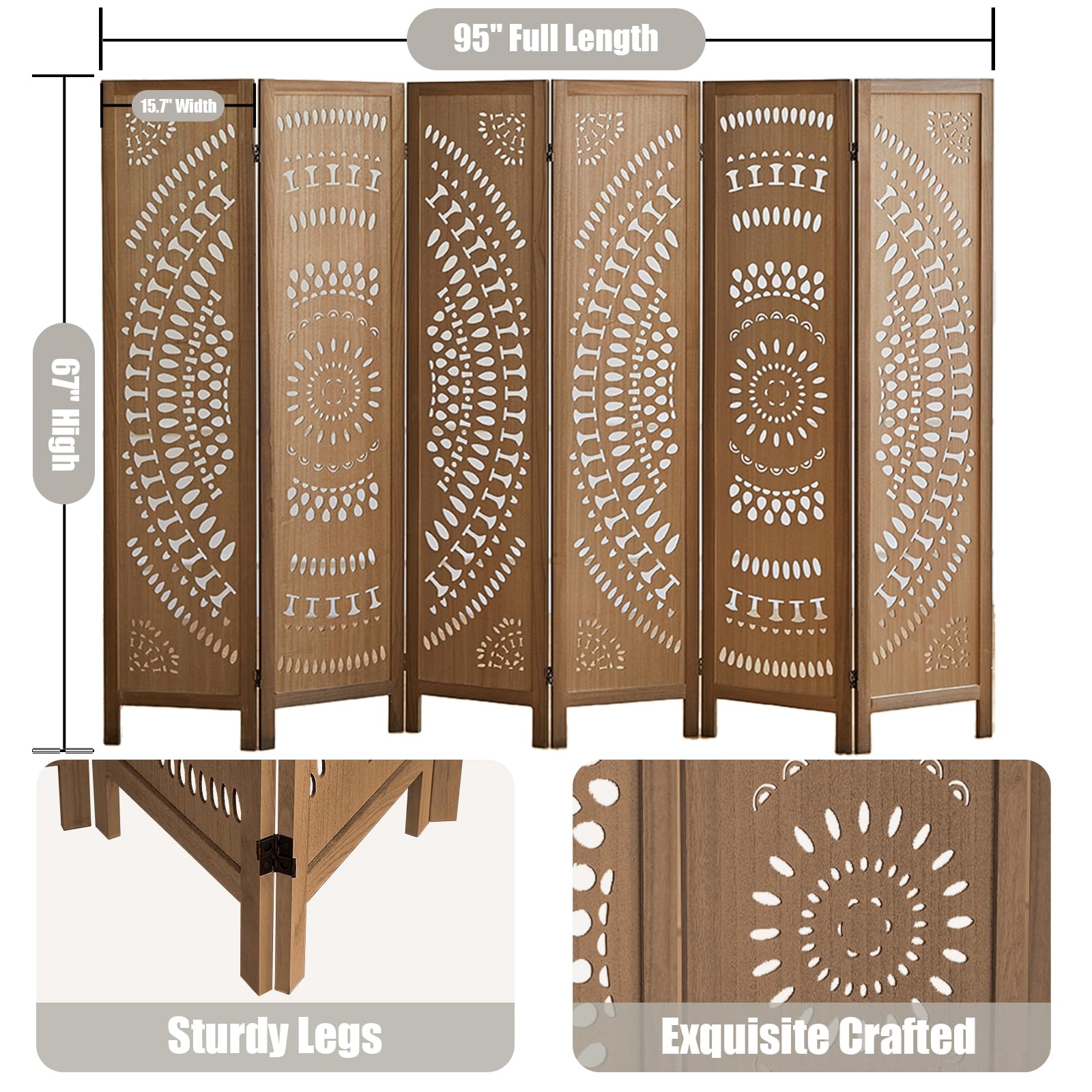 5.6 FT Tall Wooden Room Divider - 6 Panel Folding Privacy Screen for Home, Bedroom & Office | Handcrafted Eco-Friendly Carved Partition Wall (Brown) | Perfect for Creating Private Spaces, Home Decor & Room Separation