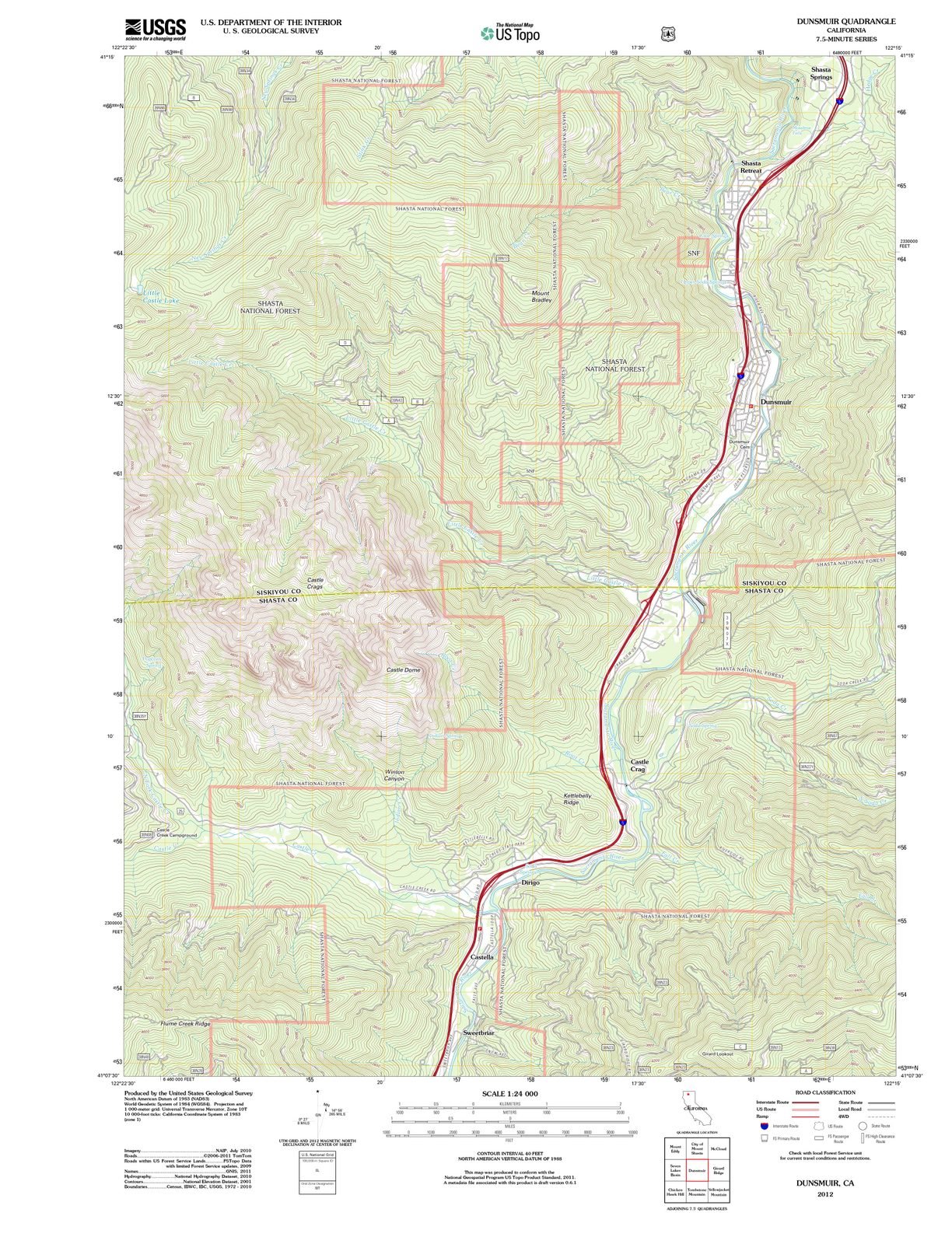 2012 Dunsmuir, CA USGS Historical Topographic Map - 44x59 Inch Large Wall Art Decor - Vintage California Maps for Home Office & Classroom Decorations