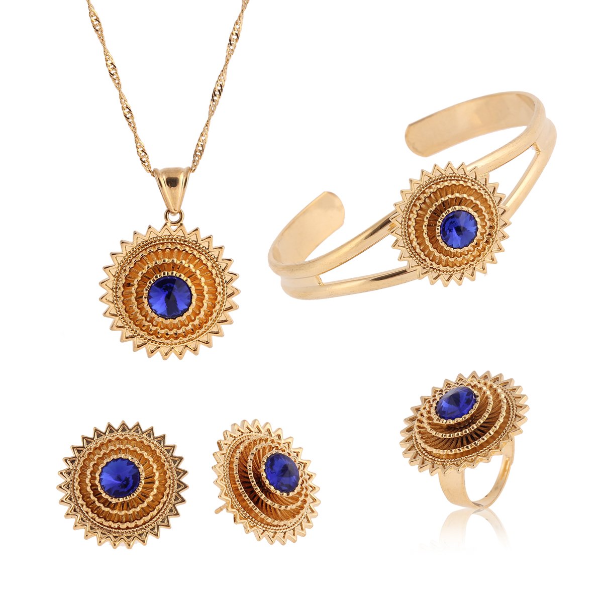 22k Gold Plated Ethiopian Jewelry Set - Cooper Plated Pendant, Chain, Earrings, Ring & Bangle - African Wedding Stone Jewelry for Brides, Cultural Events & Special Occasions