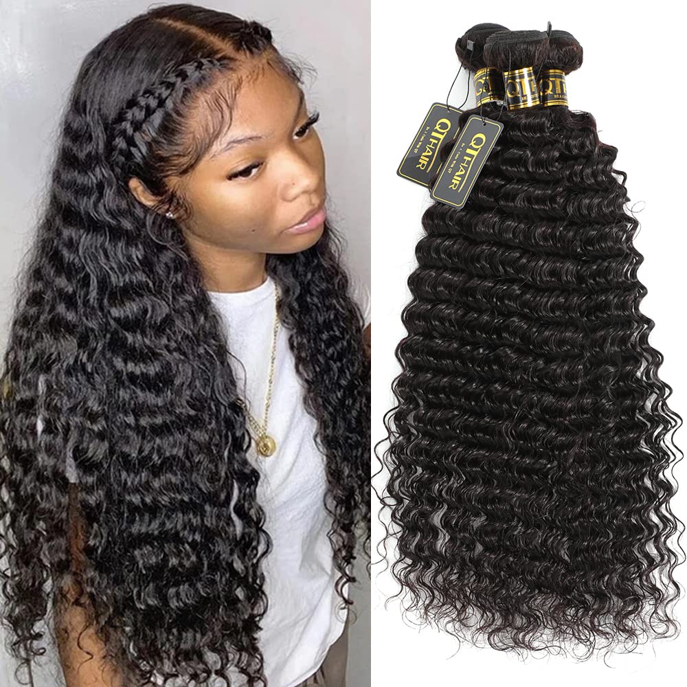 QTHAIR 16A Brazilian Virgin Hair Deep Wave Human Hair Bundles (20
