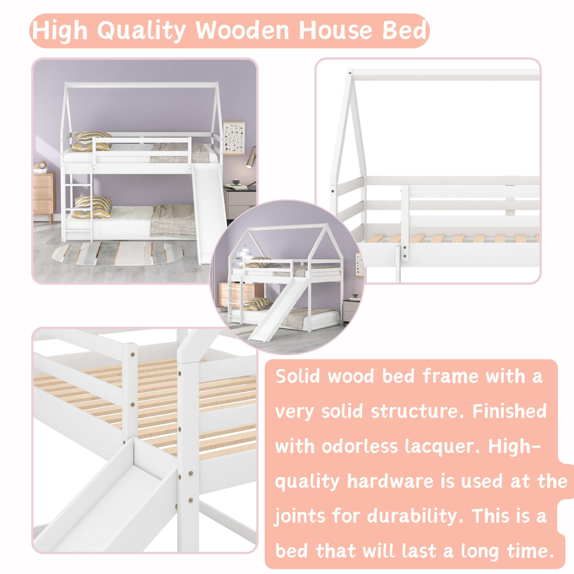 Harper & Bright Designs Twin Bunk Beds for Kids - Wooden House Style with Slide & Roof - Space-Saving Twin Over Twin Bunk Bed for Boys & Girls - Perfect for Small Bedrooms, Kids' Rooms & Shared Spaces - White