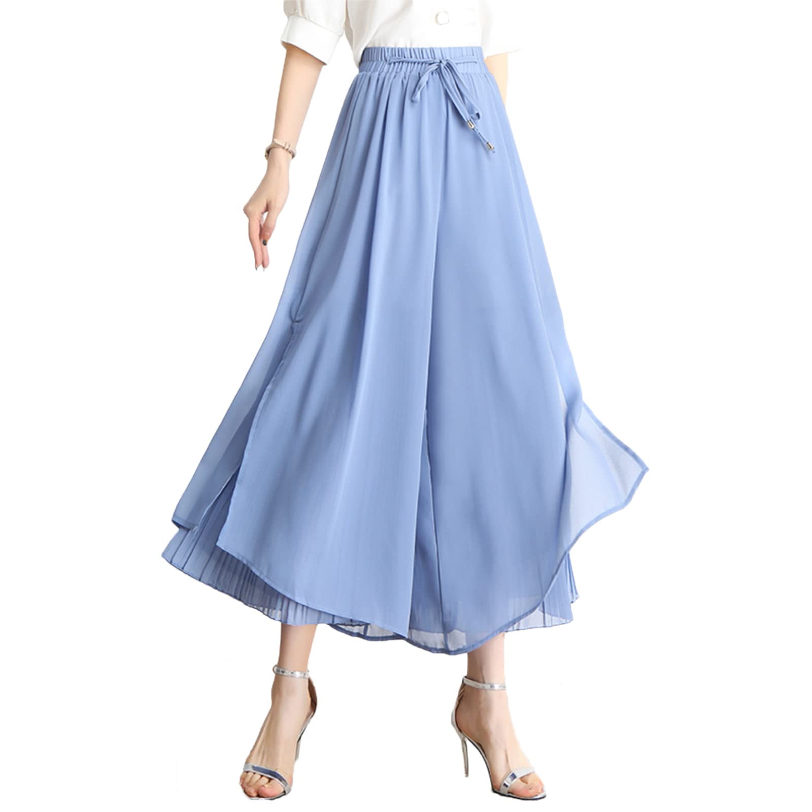 Stylish Women's Wide Leg Cropped High Waisted Culottes with Drawstring & Pockets - Comfortable Palazzo Pants for Work, Travel and Casual Outfits