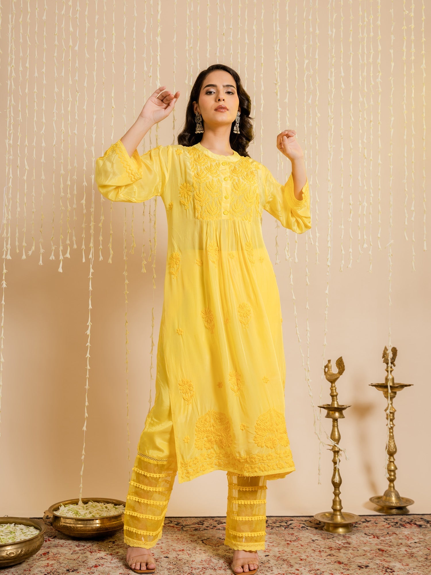 Elegant Hrishta in Fizaa Chikankari Crepe Silk Kurta Set for Women - Yellow Ethnic Indian Outfit for Festivals, Weddings & Special Occasions