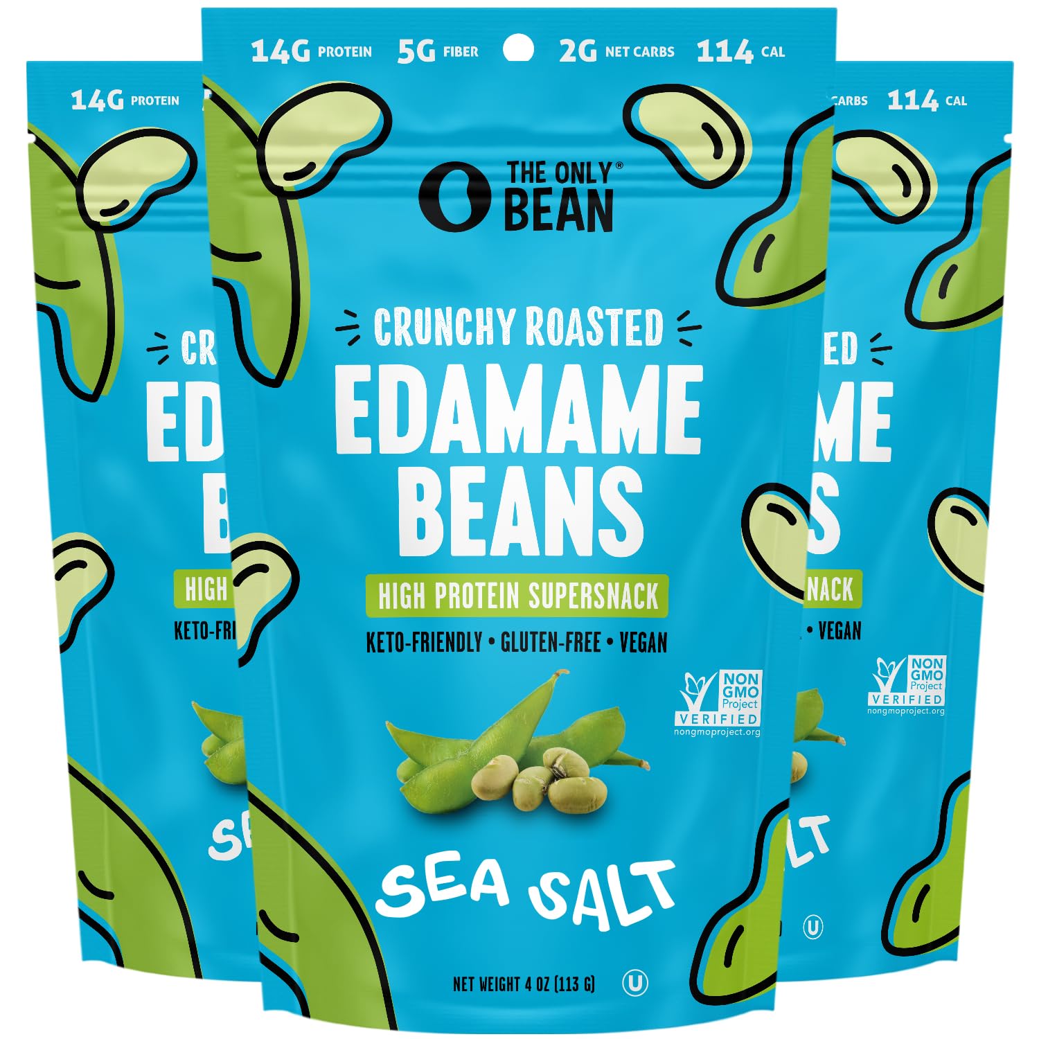 Crunchy Roasted Edamame Beans with Sea Salt - High Protein Keto Snack (14g Protein, 2g Net Carbs) - Low Calorie, Gluten-Free, Vegan Food - Perfect for On-the-Go, Office & Healthy Lifestyle - 4 oz (3 Pack)