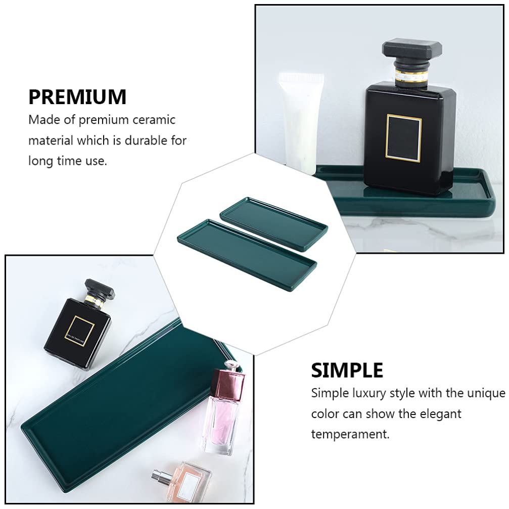 Cabilock 2-Piece Ceramic Vanity Tray Set - Elegant Bathroom Sink Organizer for Jewelry, Makeup, Perfume & Cosmetics - Decorative Storage Tray for Countertop, Bathtub & Vanity - Perfect for Home Spa & Gift Giving (Green)