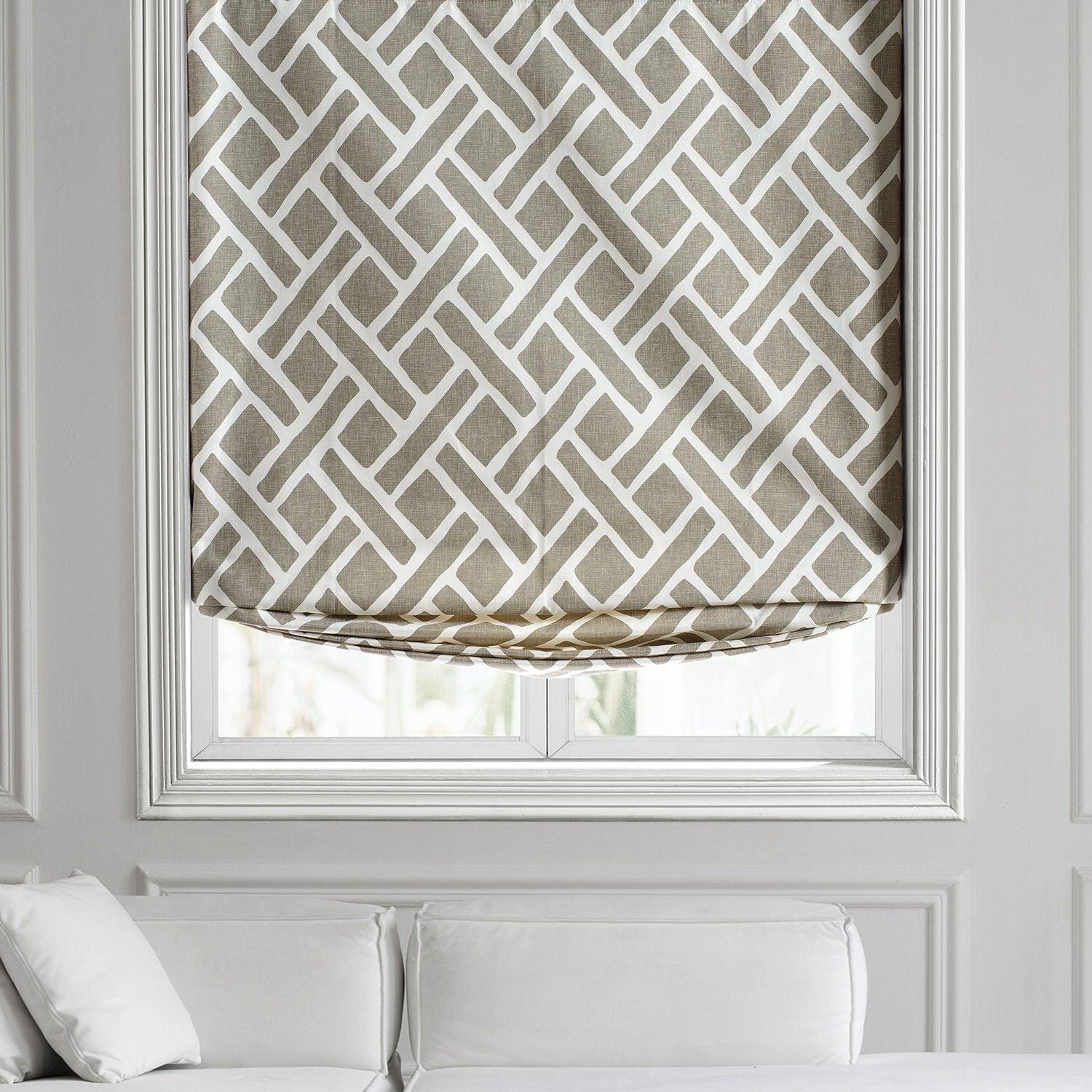 Martinique Taupe Geometric Printed Cotton Roman Shade - Elegant Window Treatment for Living Room & Bedroom