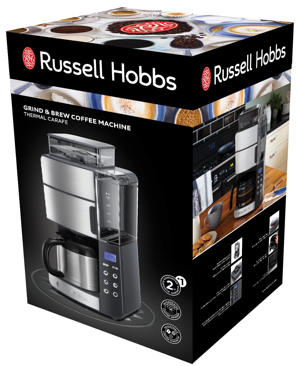 Russell Hobbs American Coffee Maker with Built-in Grinder - Digital Timer, Optimal Extraction & Aroma Filter - Thermal Carafe (10 Cups Max, 3 Grind Levels, Grind & Brew 25620-56) - Perfect for Home, Office, or Entertaining Guests