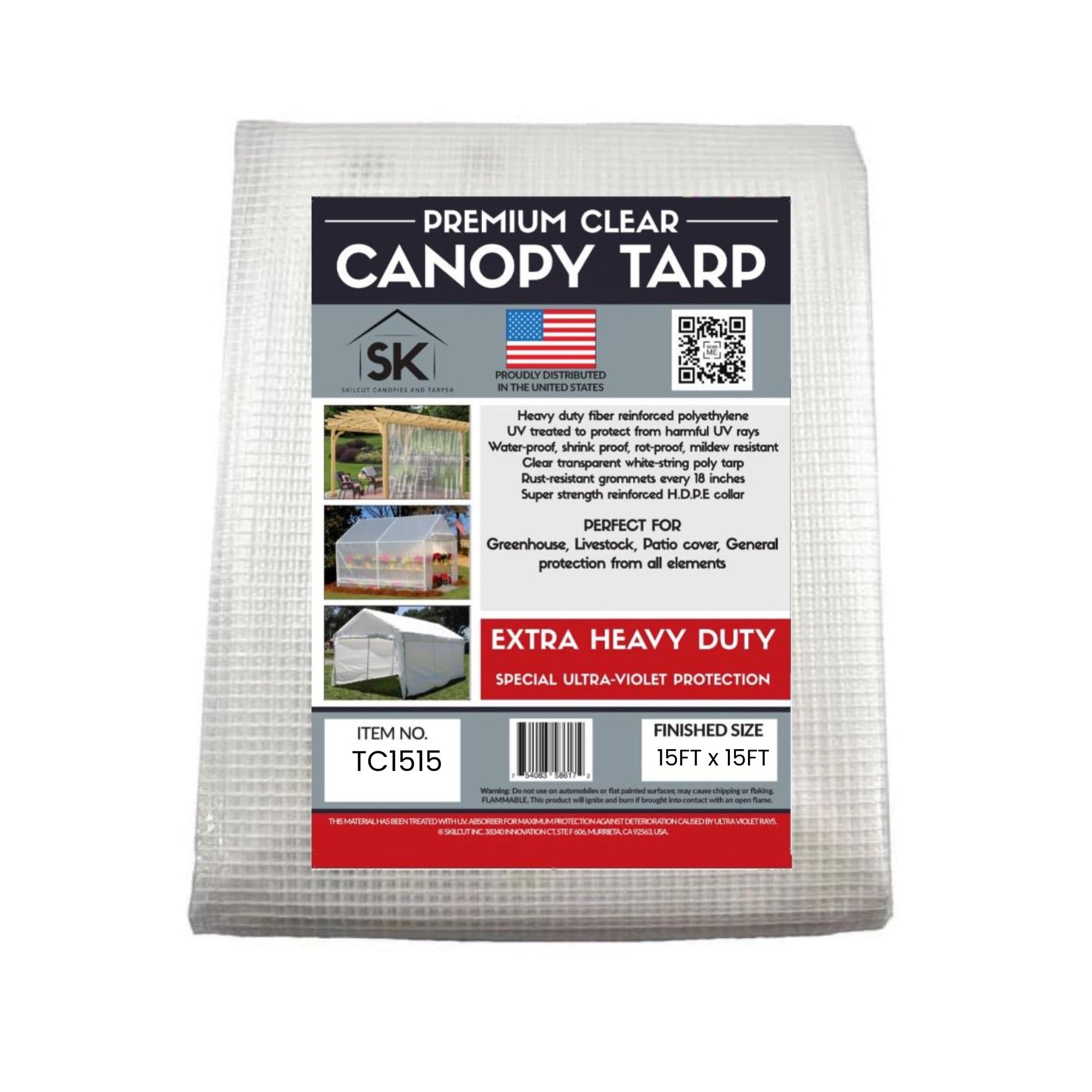16 Mil Clear Heavy Duty Poly Tarp with Fiber Reinforcement - 15x15 ft UV Resistant, Tear Proof, Flexible Waterproof Cover with Reinforced Corners | Perfect for Outdoor Equipment Protection, Construction Sites, Camping & Emergency Shelters