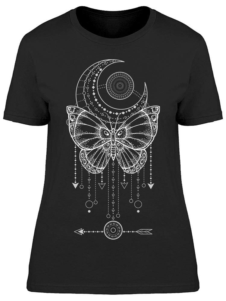 Butterfly with Arrows and Moon Graphic T-Shirt for Women - Trendy Casual Tee for Streetwear, Date Night & Festival Outfits
