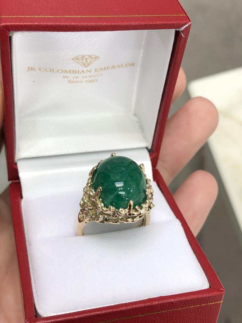 11.90 Carat Muzo Colombian Emerald Cabochon Ring in 14K Gold - Dark Green Natural Gemstone Jewelry for Women, Perfect for Weddings, Parties & Special Occasions