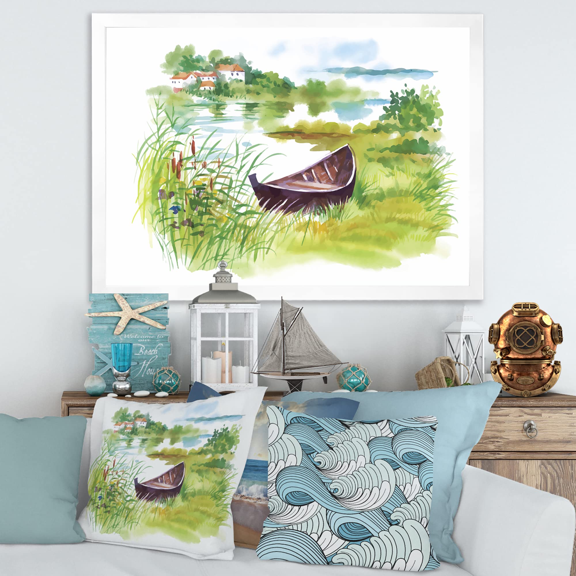 Rustic Green Landscape Lake House with Boat Framed Wall Art - Perfect for Living Room, Bedroom & Office Decor