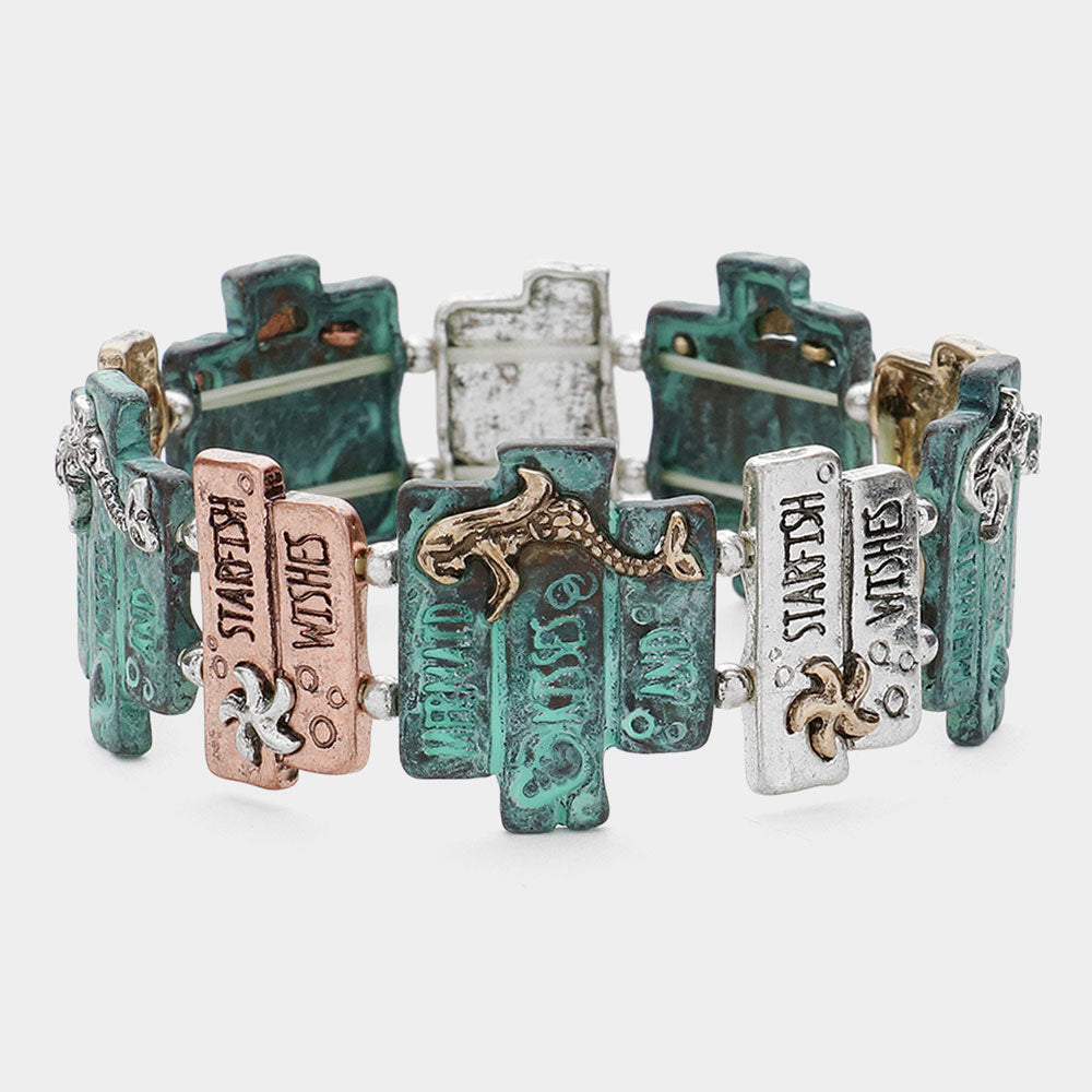 Mermaid Kisses Embossed Metal Stretch Bracelet - Adjustable Bangle for Women, Beach Party, Mermaid Theme Jewelry Gift