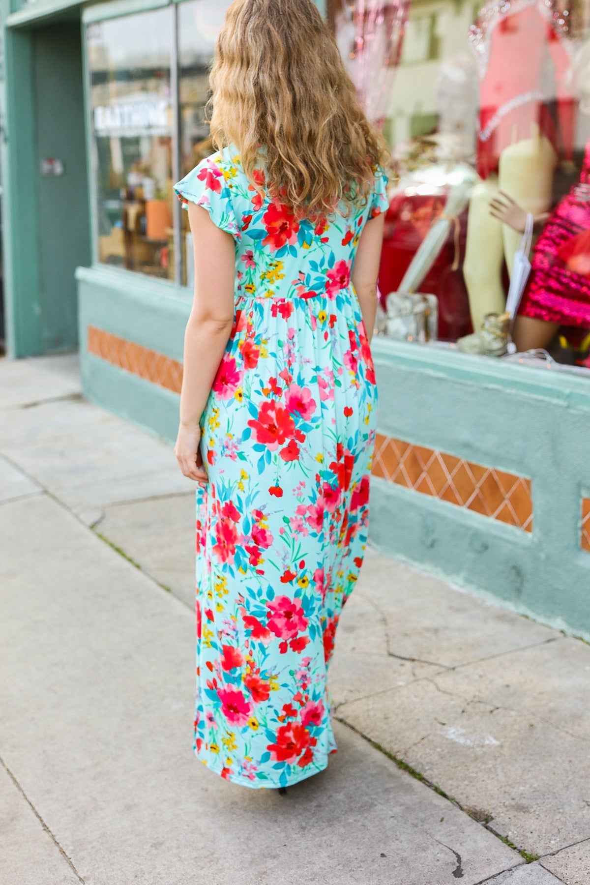 Aqua Floral Fit & Flare Maxi Dress for Women - Summer Beach Wedding Party Dress - Flowy Long Dress with V-Neck & Ruffle Hem