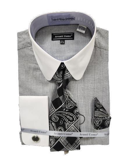 AVANTI UOMO Monotone Glen Check Round White Collar & Cuff Dress Shirt DN131M Black | Formal Business Attire for Men | Office Wear & Special Occasions