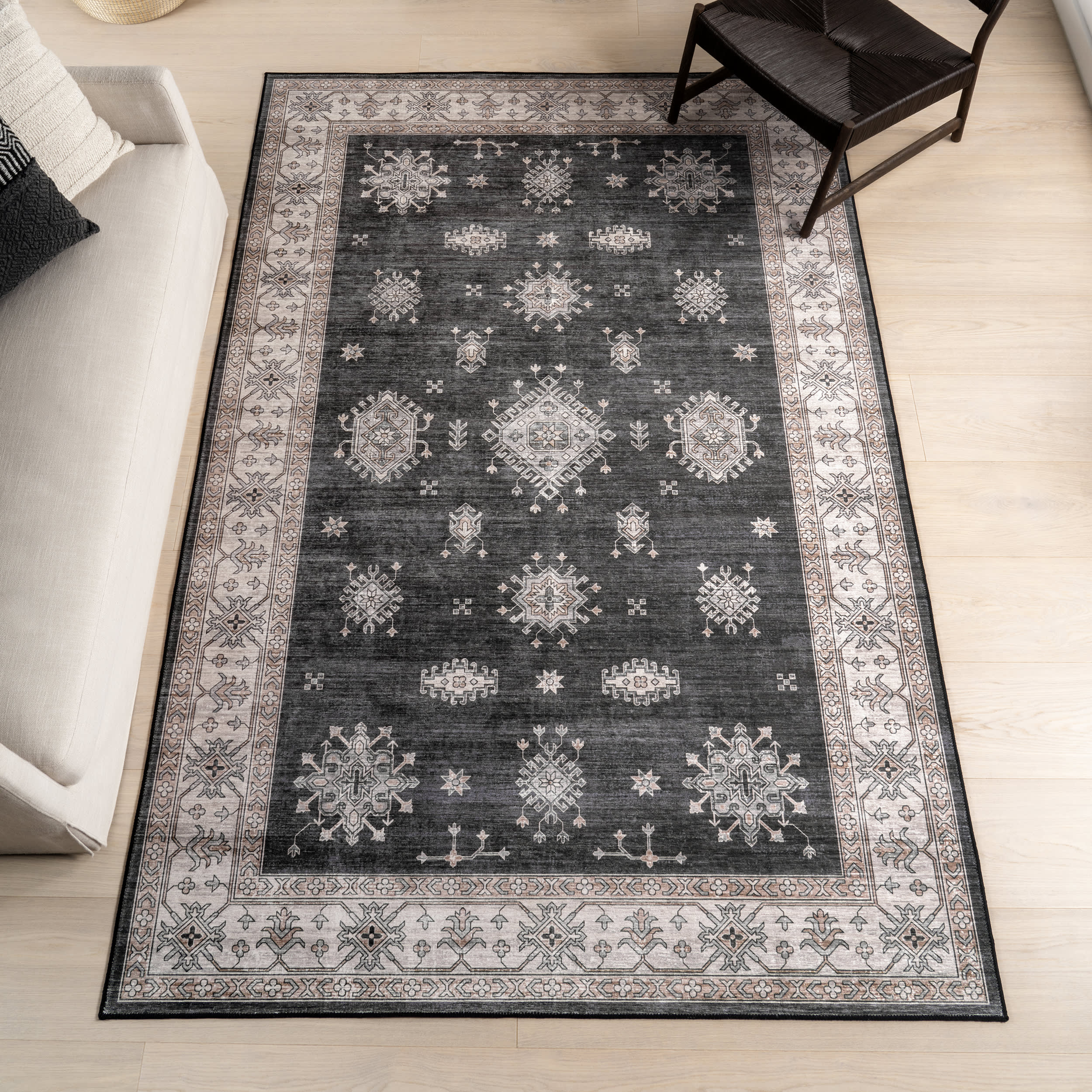 Andrea Bordered Spill Proof Washable Rug - Charcoal Grey | Non-Slip Kitchen & Living Room Rug for High Traffic Areas | Easy to Clean & Durable Home Decor