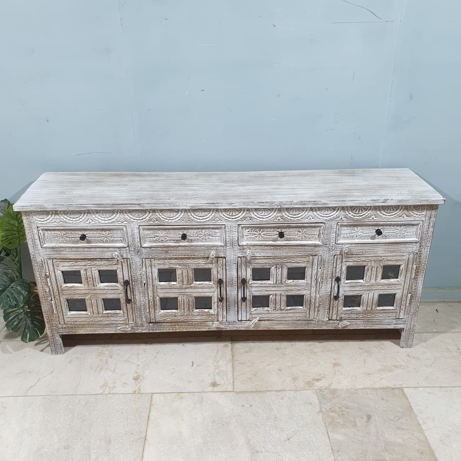 Handmade Carved Indian Mango Wood Sideboard with 4 Drawers & 4 Doors - Whitewashed Finish | Perfect for Dining Room Storage & Farmhouse Decor