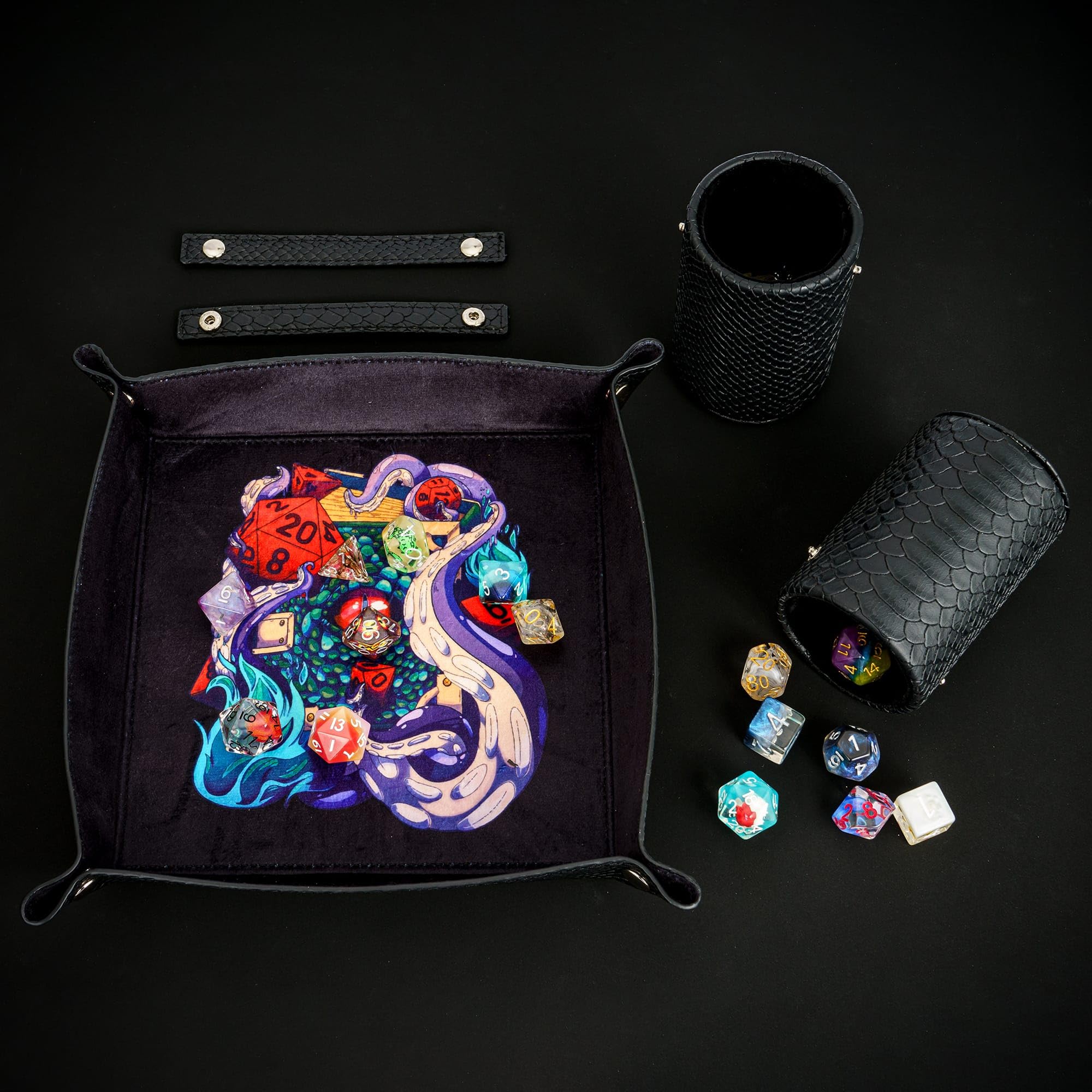 3-in-1 PU Leather DND Dice Tray with 2 Dice Cups - Portable Folding Dice Rolling Tray for Dungeons & Dragons, RPG Board Games, MTG, Pub Party Games - Perfect for Tabletop Gaming, Game Nights & Travel
