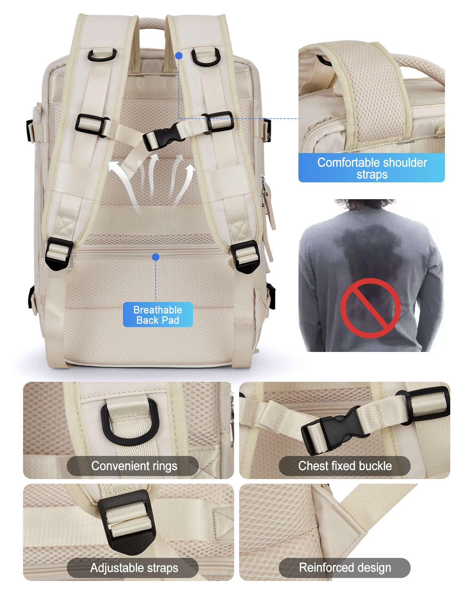VGCUB 17 Inch Large Travel Backpack for Women & Men - Flight Approved Business Laptop Backpack with Dedicated Laptop Compartment - Perfect for Work Commute, Business Trips & Airplane Carry-On (Beige)