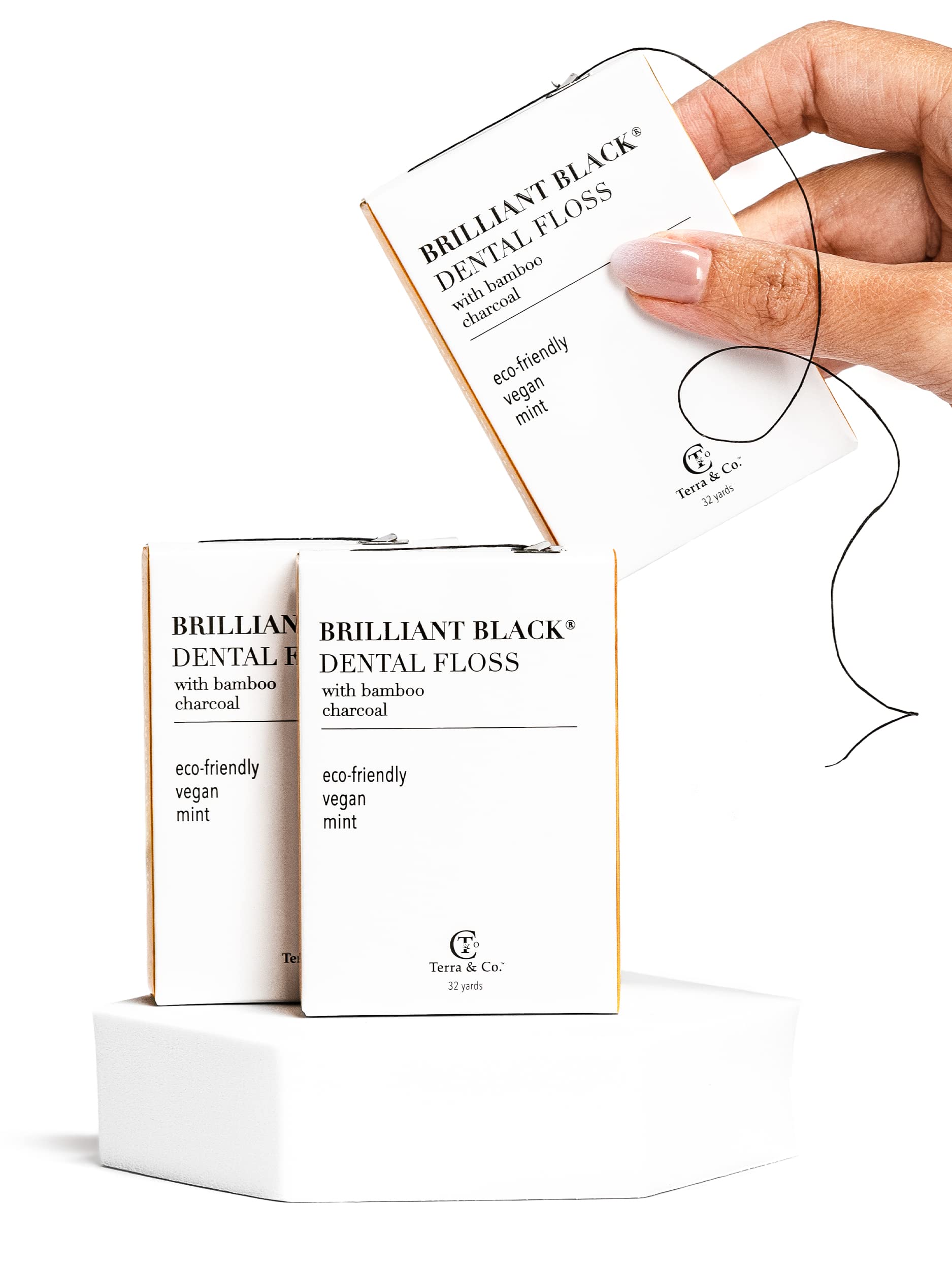 Terra & Co. Brilliant Black Dental Floss (3 Pack) - Organic Teeth Whitening Floss with Activated Bamboo Charcoal | All Natural, Vegan & Cruelty Free | Luxury Oral Care for Fresh Breath & Healthy Gums | Perfect for Travel, Home & Office Use
