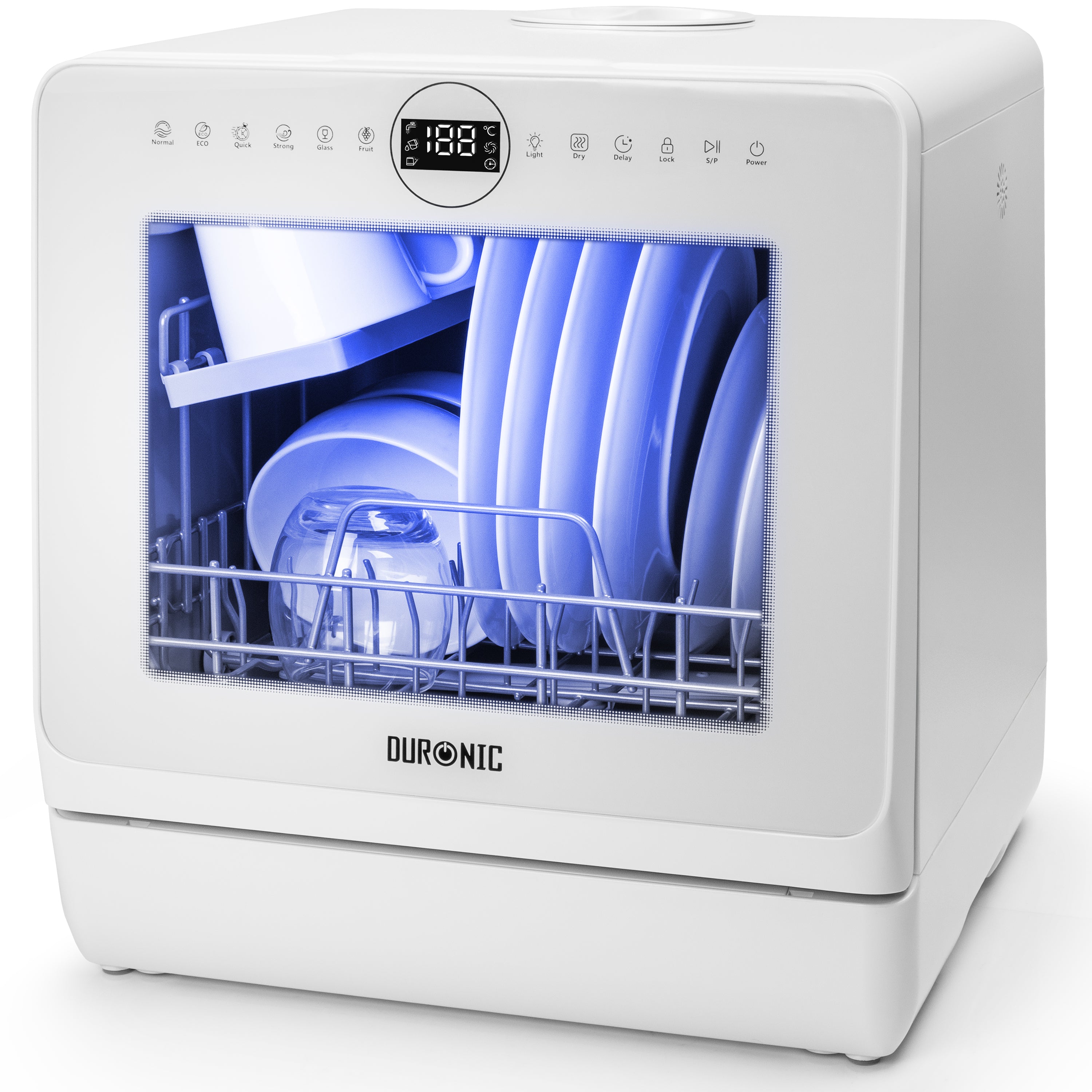 Duronic DW5 WE 950W Compact Tabletop Dishwasher - 5L Mini Dish Washer with 8 Wash Cycles | Eco-Friendly Electric Countertop Cleaner for Plates, Glass, Cutlery & Fruits | Perfect for Small Kitchens, Apartments & RVs (White)