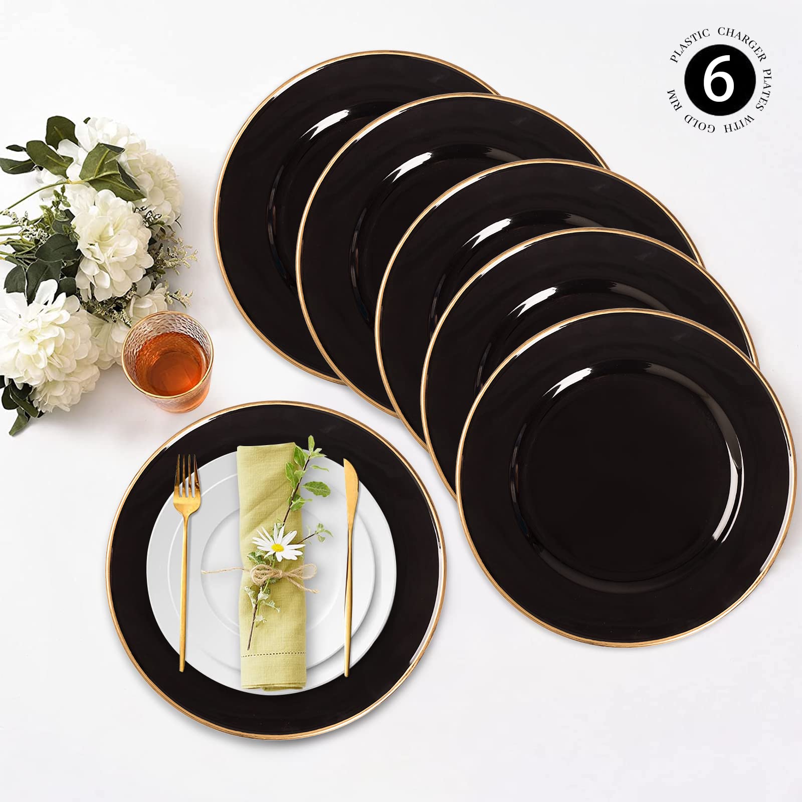 MAONAME 13-Inch Black Plastic Charger Plates with Gold Rim - Elegant Round Decorative Dinner Plates for Weddings, Parties, and Formal Dining - Set of 6 - Perfect for Table Settings, Buffets, and Special Occasions