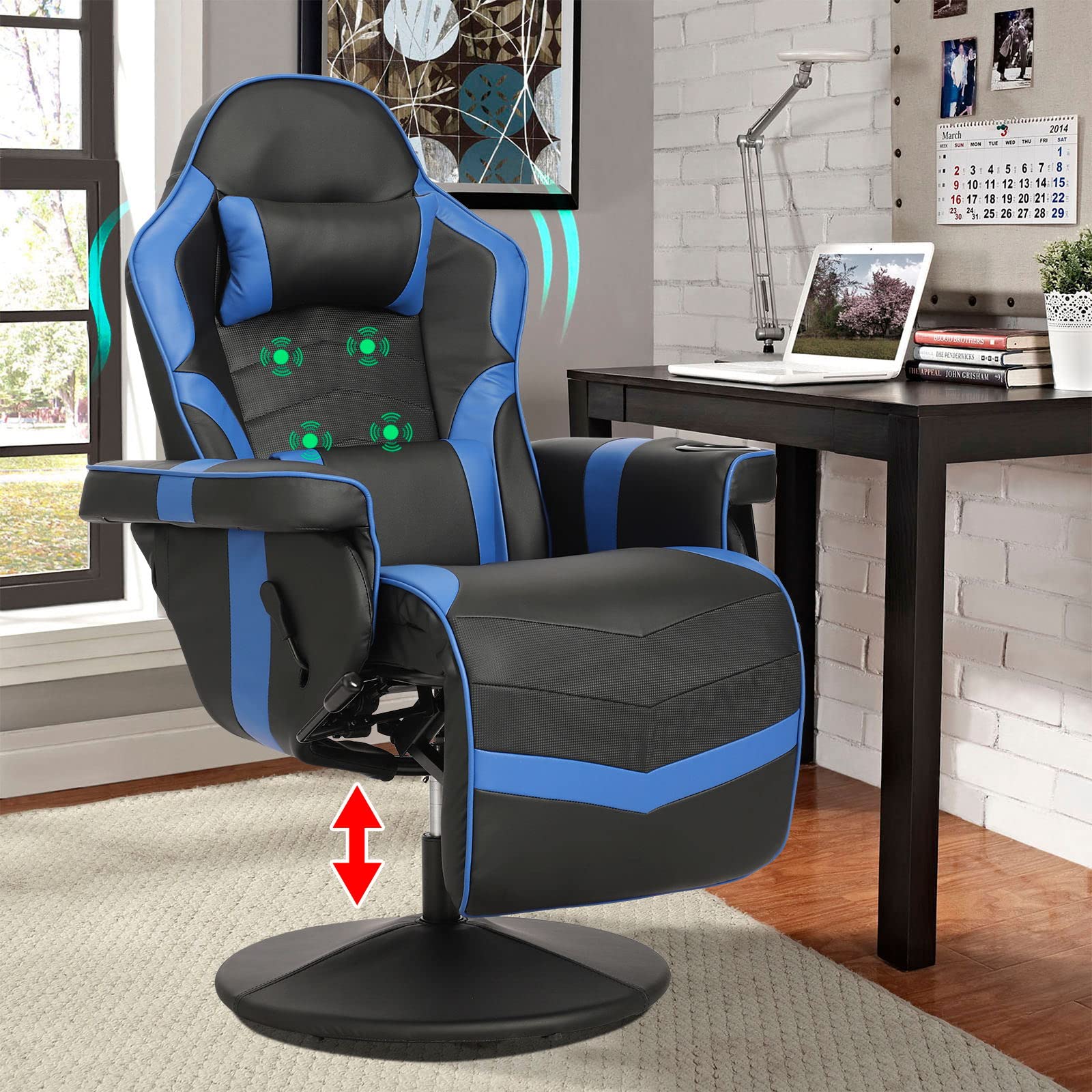 LVUYOYO Ergonomic Massage Gaming Recliner Chair - Adjustable High Back PU Leather Office Chair with Lumbar Support, Footrest & Cup Holder - Perfect for PC Gaming, Home Office & Relaxation