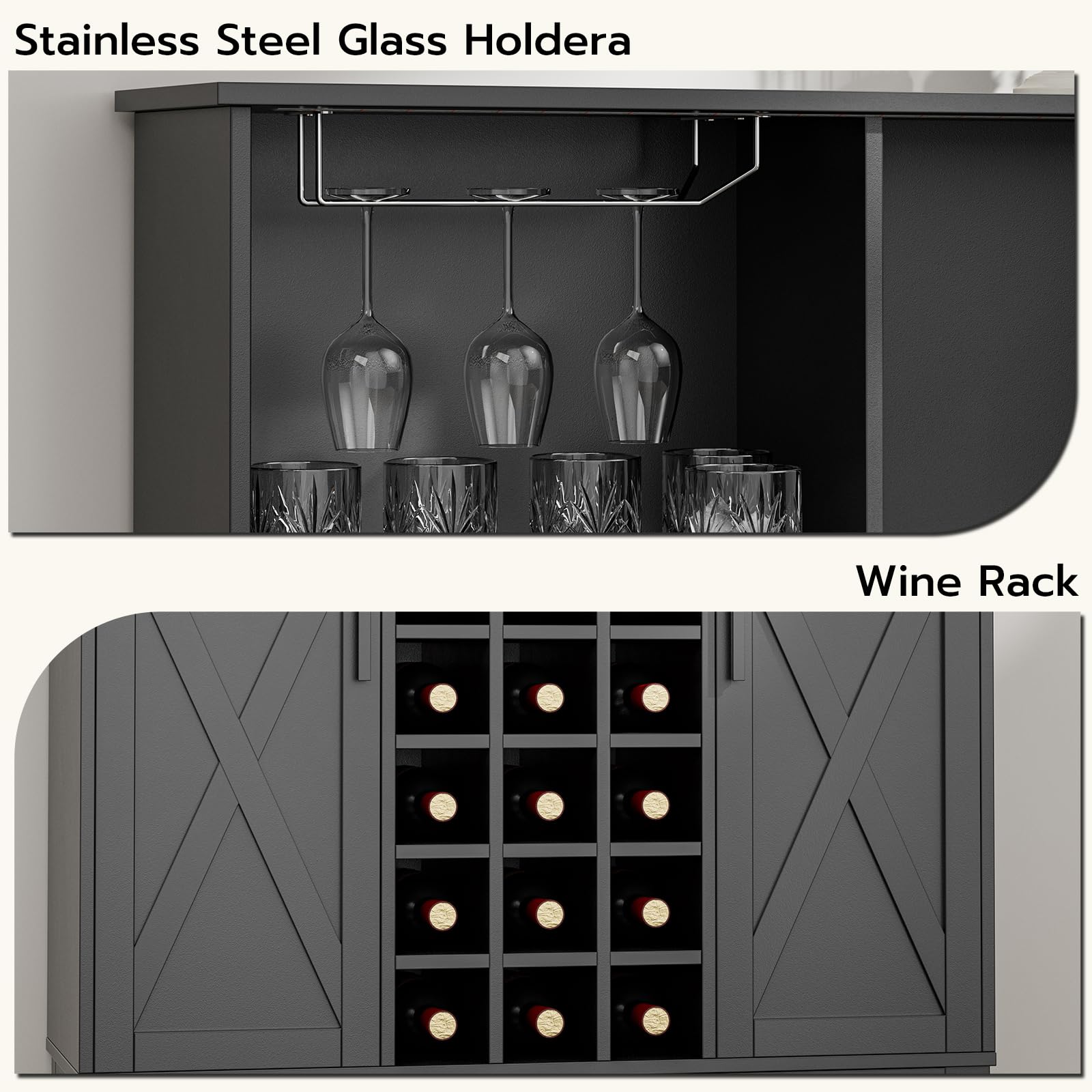 Farmhouse Coffee Bar Cabinet with LED Lights - 39