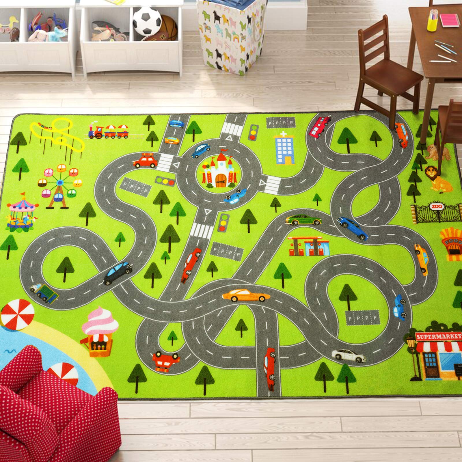 HOMORE Kids Play Mat Rug - 3x5 Feet Educational City Play Rug for Hot Wheels Track Racing & Toys | Non-Slip Carpet Playmat for Children's Bedroom, Playroom & Nursery | Perfect for Pretend Play & Learning Activities