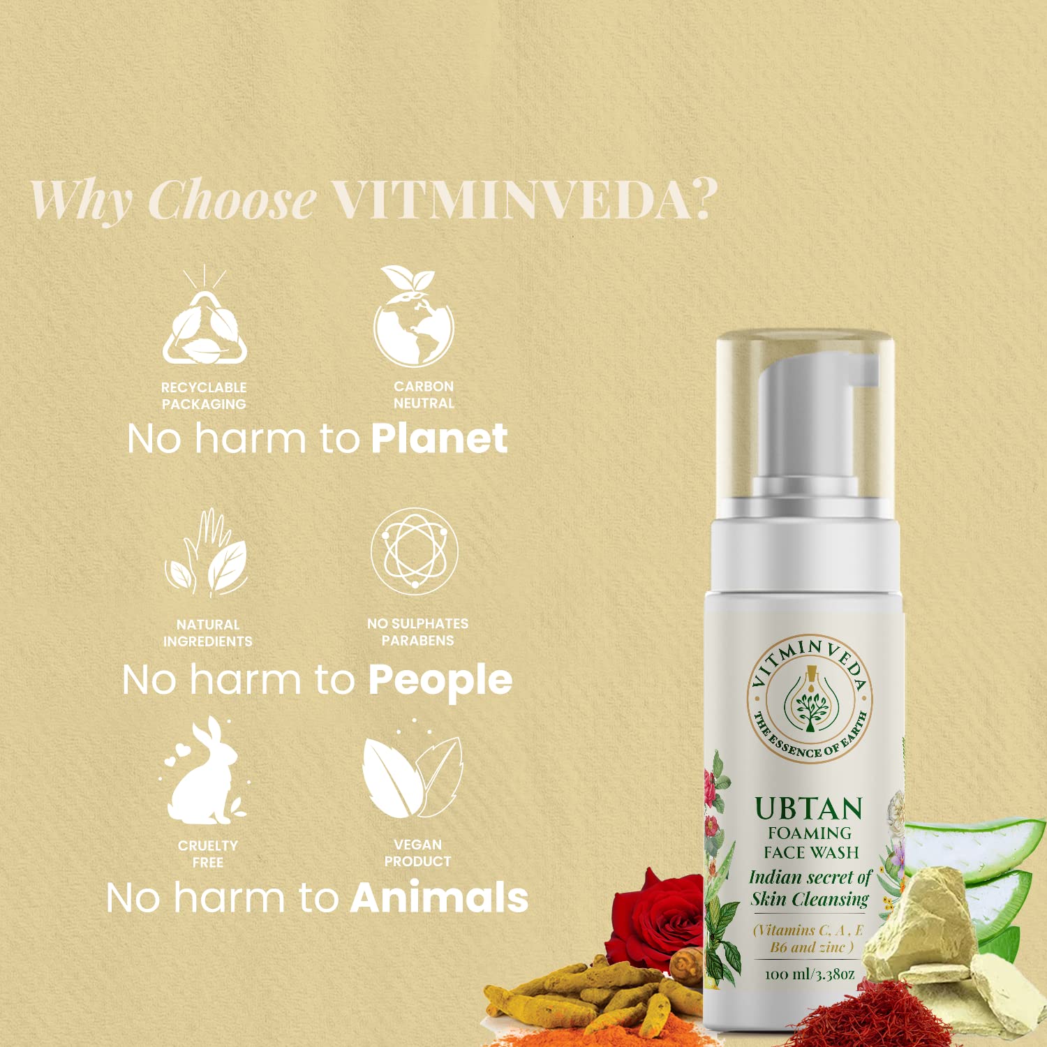 VITMINVEDA Natural UBTAN Foaming Face Wash with Niacinamide - 100ml Deep Cleansing for Brightening & Anti-Aging | Gentle Daily Facial Cleanser for Glowing Skin & Reducing Fine Lines | Perfect for Morning & Night Skincare Routine