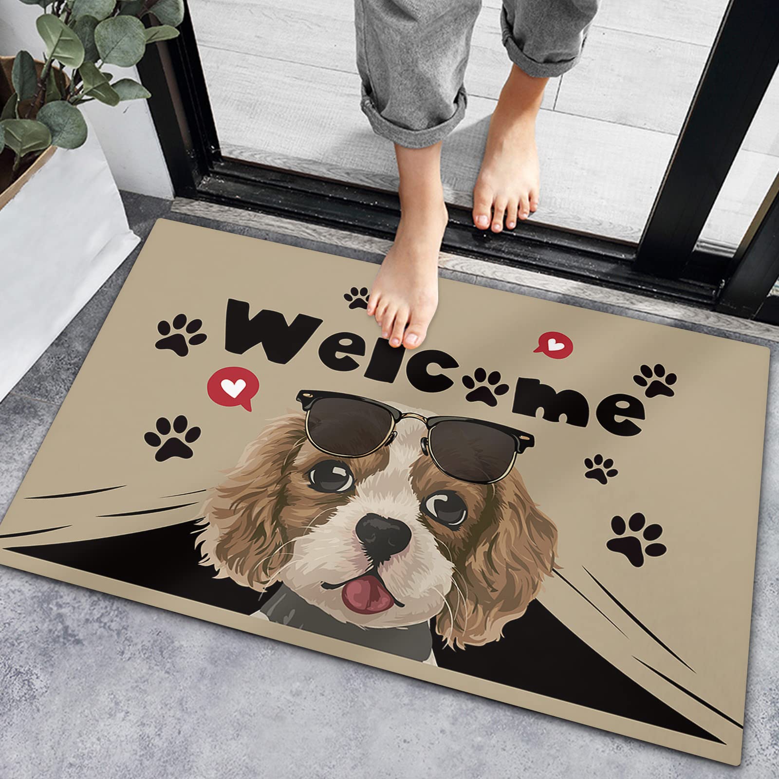 Non-Slip Absorbent Indoor Doormats with Rubber Backing - Cute Sunglasses Puppy Design Vintage Brown Dog Paw Print Bath Rug for Front Door, Bedroom, Bathroom & Entryway - Perfect for Home, Apartment and Office Use
