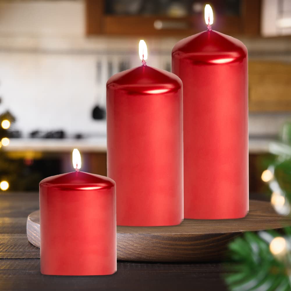 Bask Metallic Red Cone Top Pillar Candles - Set of 3 Dripless Unscented 3x6 Inch Holiday Candles for Home Decor, Wedding Centerpieces, Christmas Table Settings & Relaxation