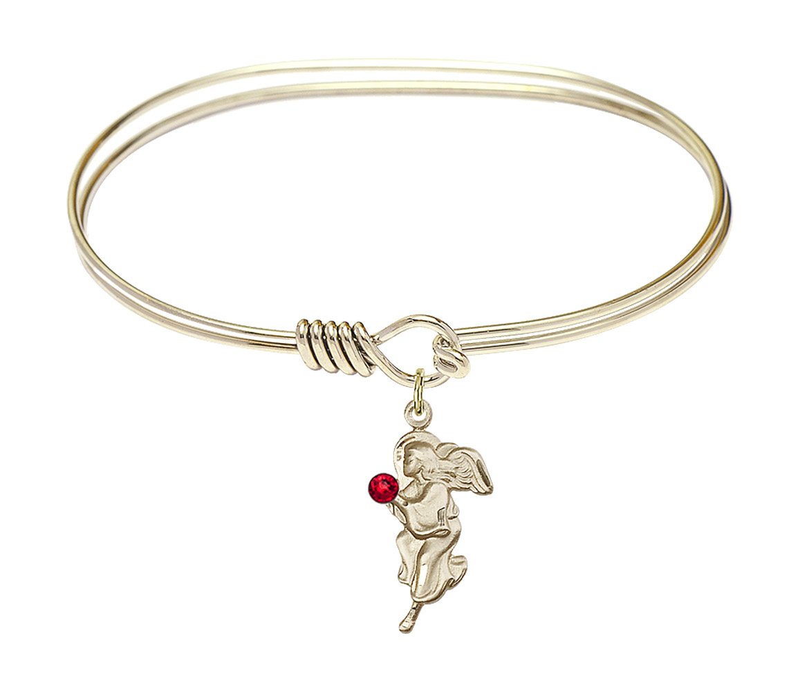 7 Inch Oval Eye Hook Bangle Bracelet with Guardian Angel Medal Charm & July Red Crystal - Elegant Jewelry for Women, Perfect for Daily Wear, Gifts, and Special Occasions