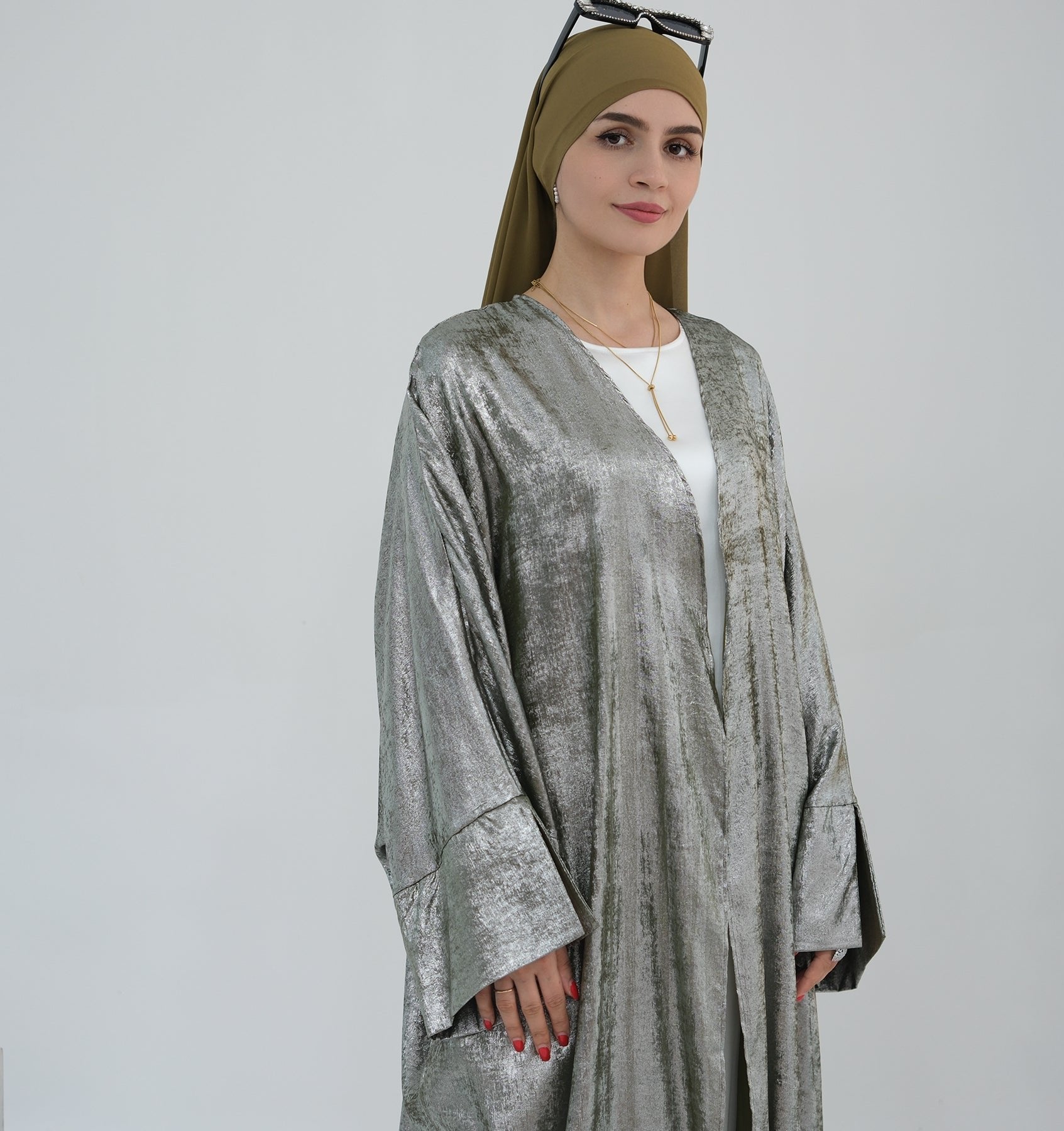 Celine Shimmer Kimono Open Abaya - Olive Green Islamic Abaya Dress for Women | Elegant Loose Fit Abaya for Prayer, Mosque, Eid & Special Occasions