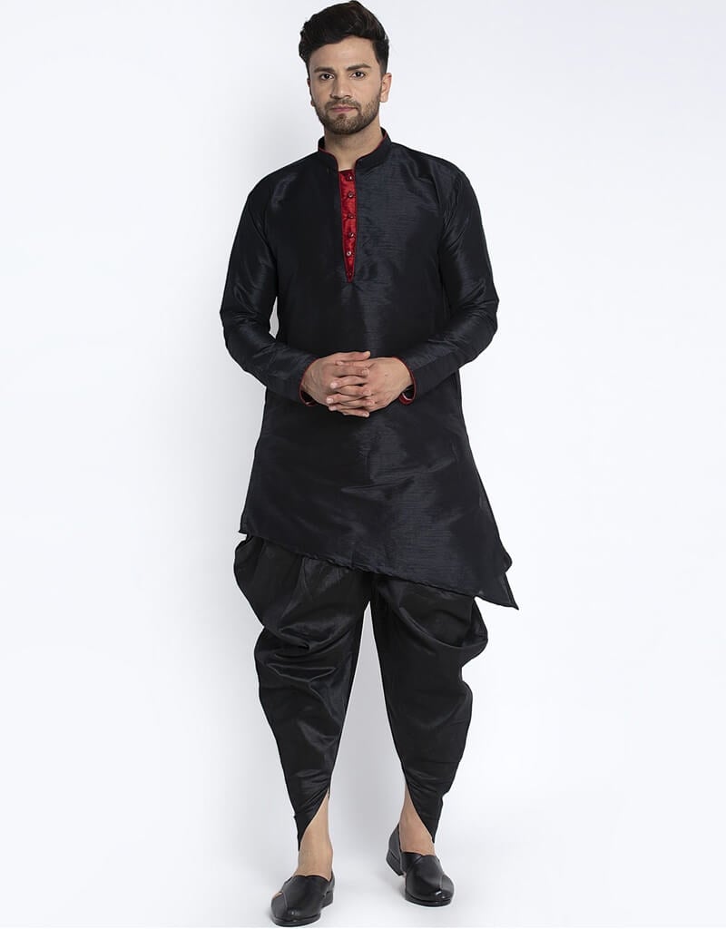 Black Kurta Dupion Silk Dhoti Set for Men - Premium Indian Traditional Wear for Festivals & Weddings