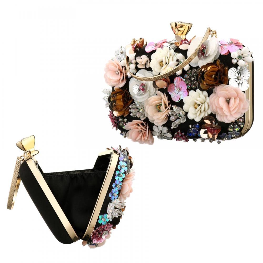 Stylish PU Leather Floral Beaded Clutch Purse for Women - Elegant Wedding Handbag & Clear Crossbody Bag - Perfect for Parties, Date Nights & Special Occasions