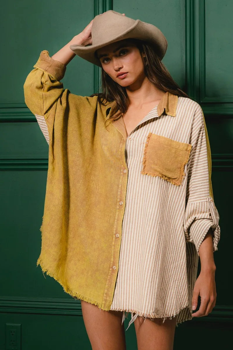 BiBi Washed Raw Hem Shirt - Trendy Distressed Denim Top for Women | Perfect for Casual Outings, Street Style & Layering