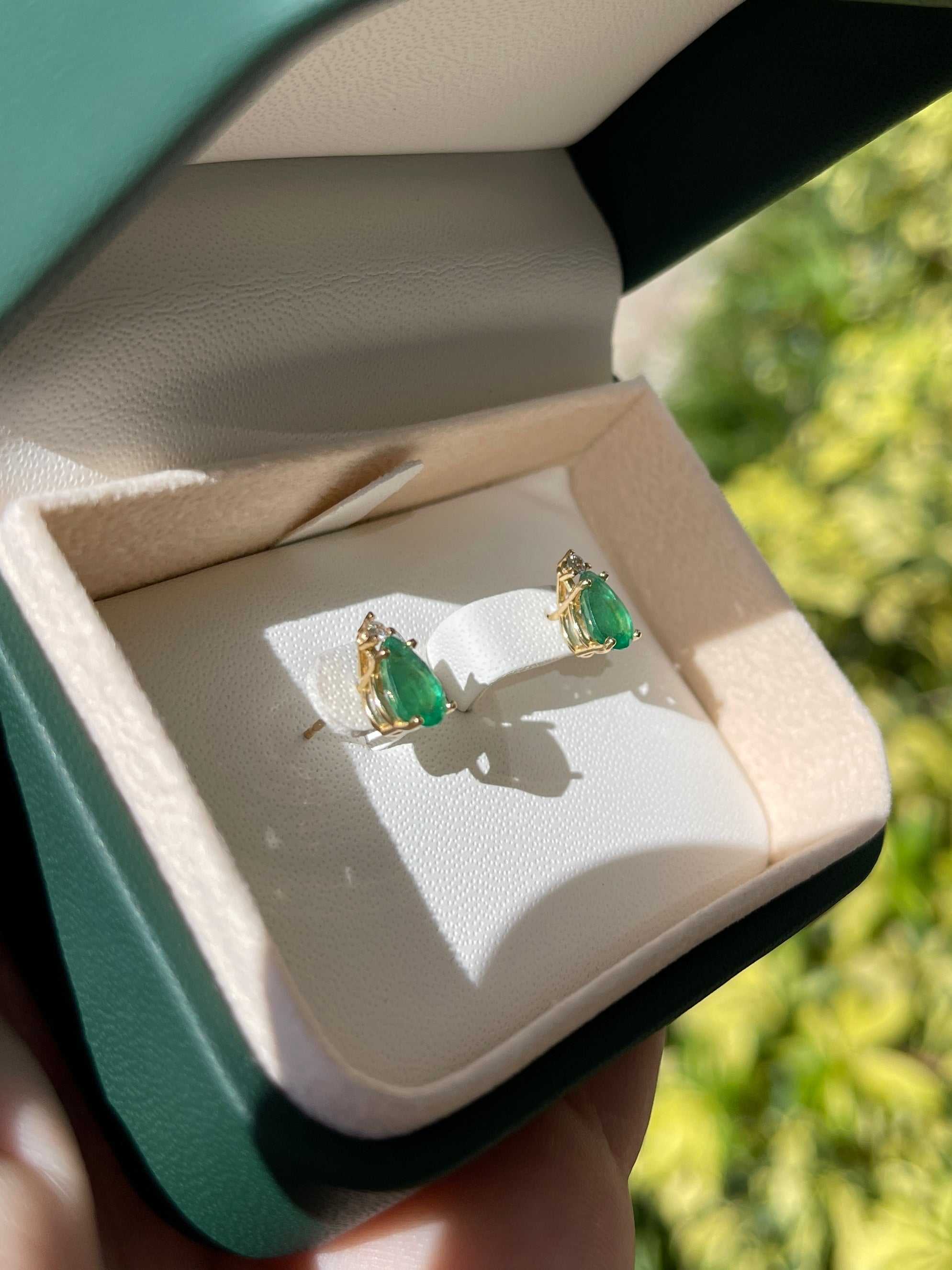 1.66tcw Natural Emerald and Diamond Stud Earrings in 14K Gold - Elegant Teardrop Design for Women, Perfect for Weddings, Parties & Special Occasions