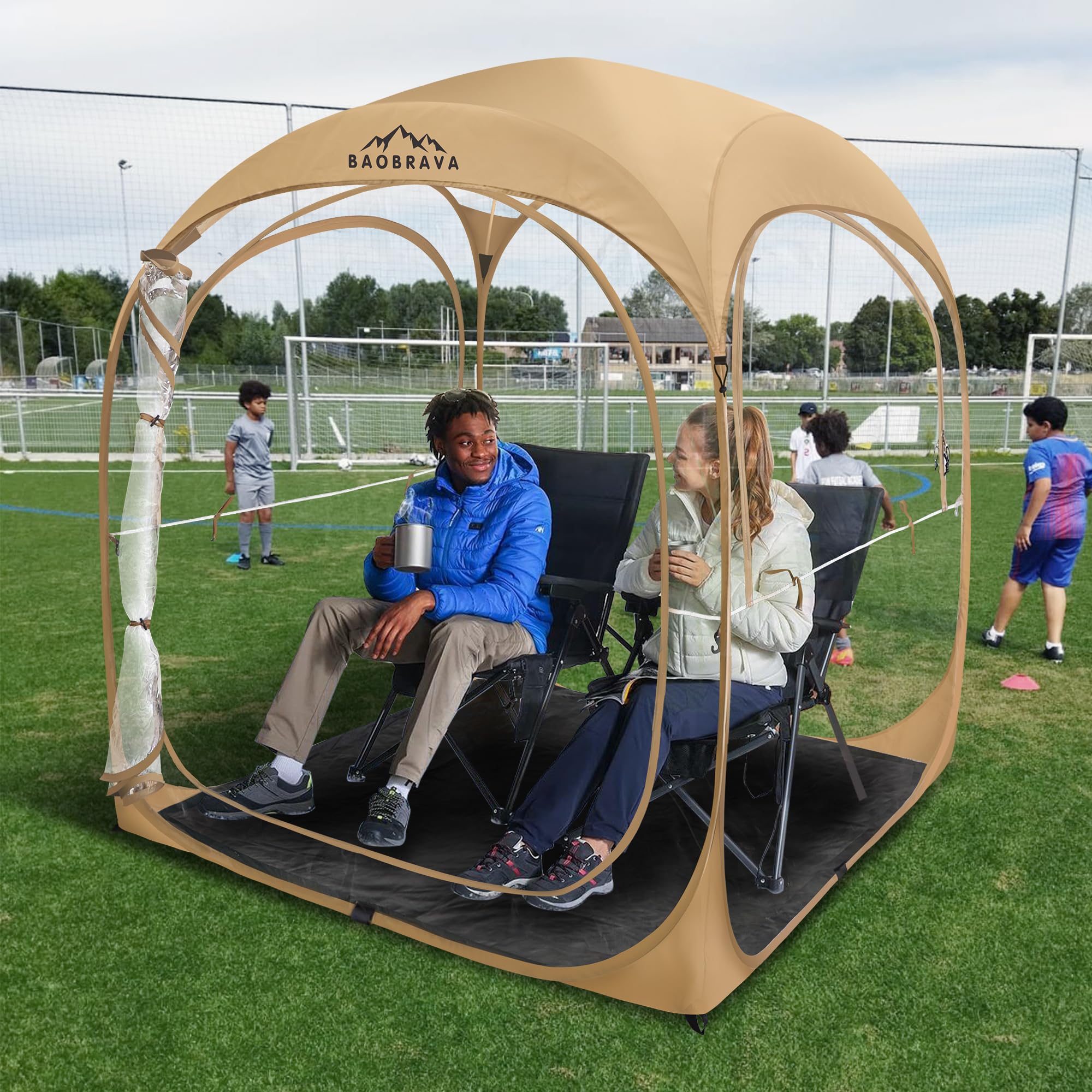 Pop Up Sports Tent - Clear Bubble PVC Weatherproof Pod with Thick Scratch-Resistant Material & Extra Top Cover for 1-6 People - Perfect for Soccer, Football Games, Camping, Beach Parties & Outdoor Events