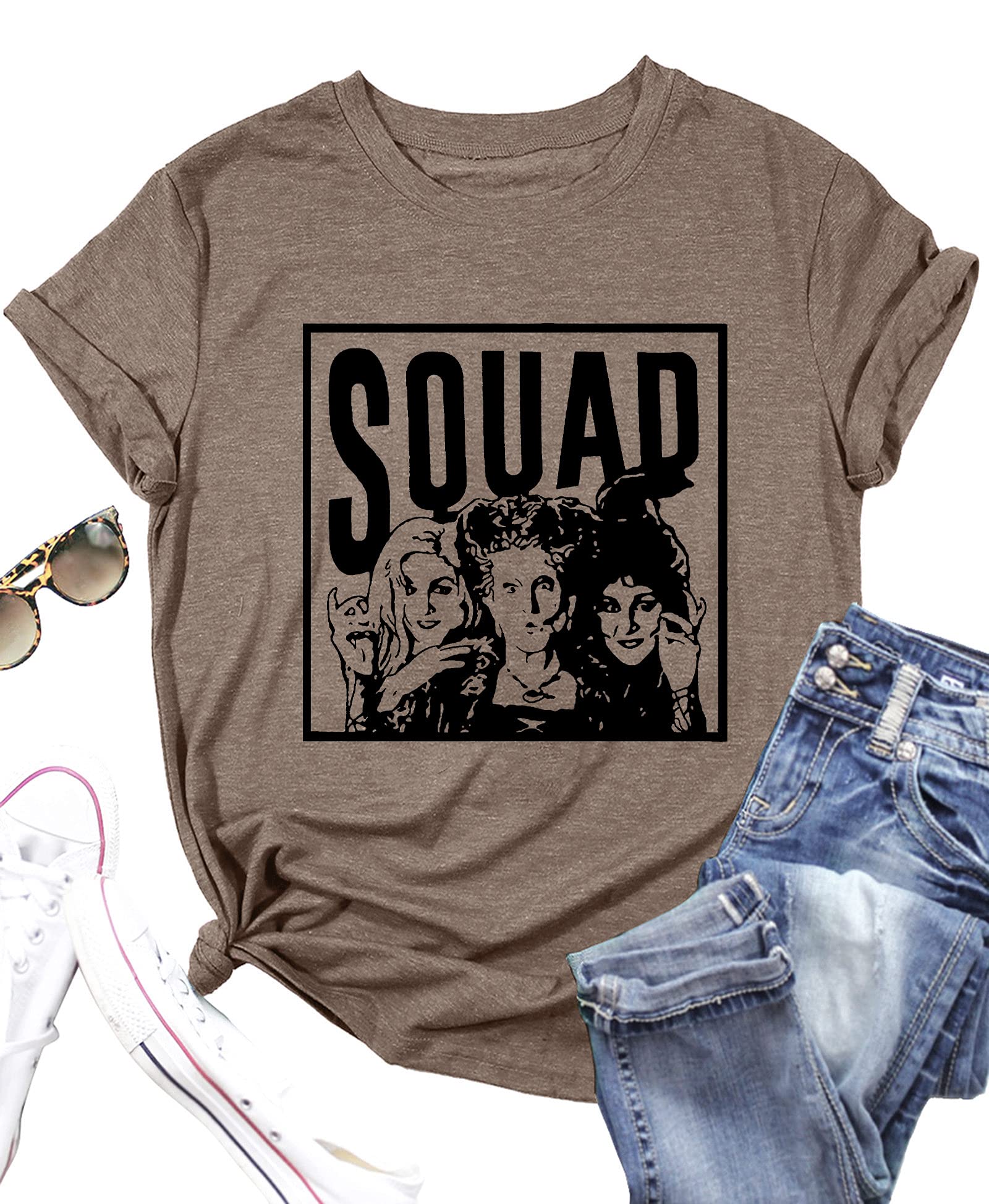 Sanderson Sister Squad Cute Halloween T-Shirt for Women | Hocus Pocus Graphic Tee | Funny Fall Casual Top | Perfect for Halloween Parties, Costume Events & Everyday Wear