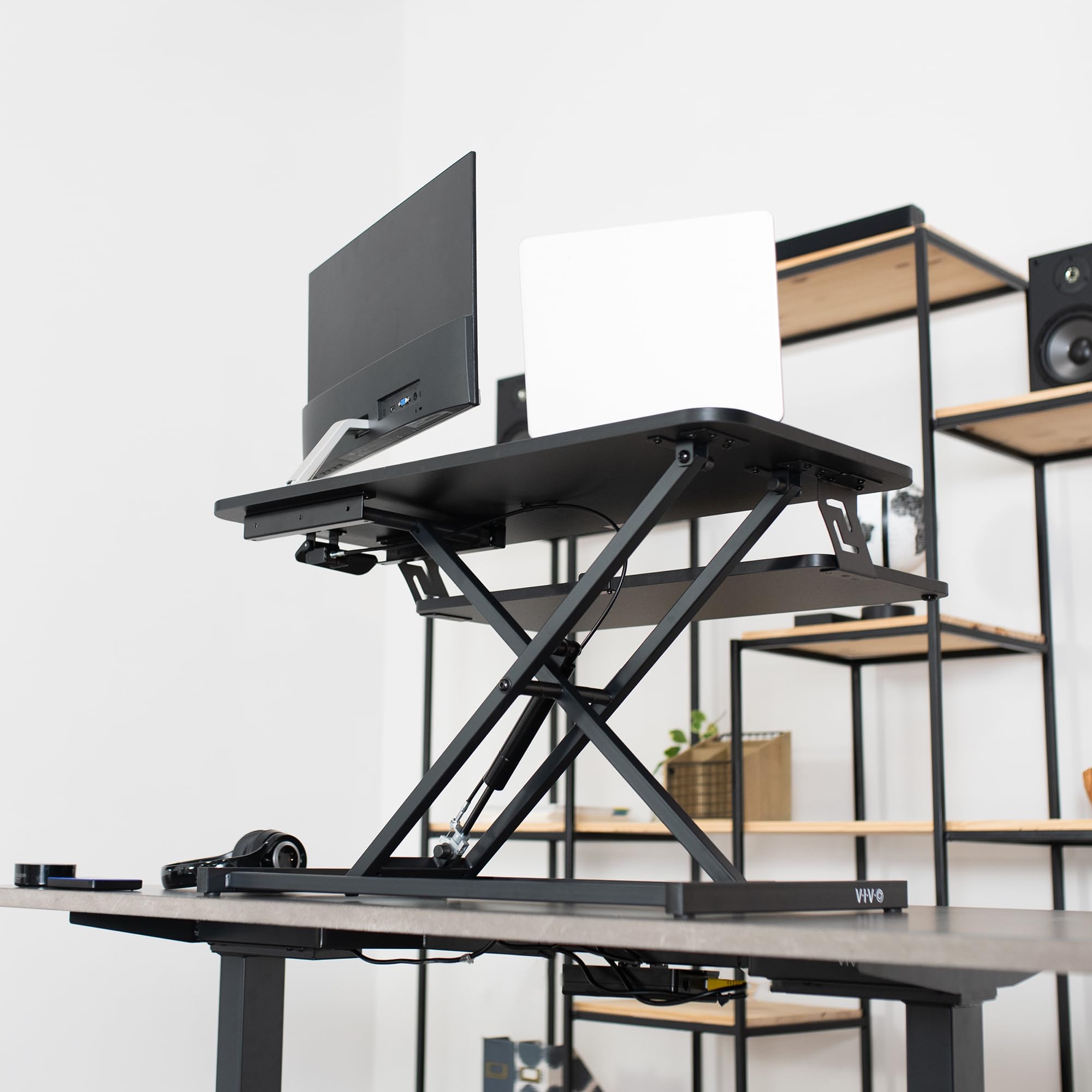 VIVO 32 Inch Adjustable Height Stand Up Desk Converter - Quick Sit to Stand Workstation with Dual Monitor Riser, Black (DESK-V000S) - Perfect for Home Office, Gaming & Ergonomic Workspace Setup