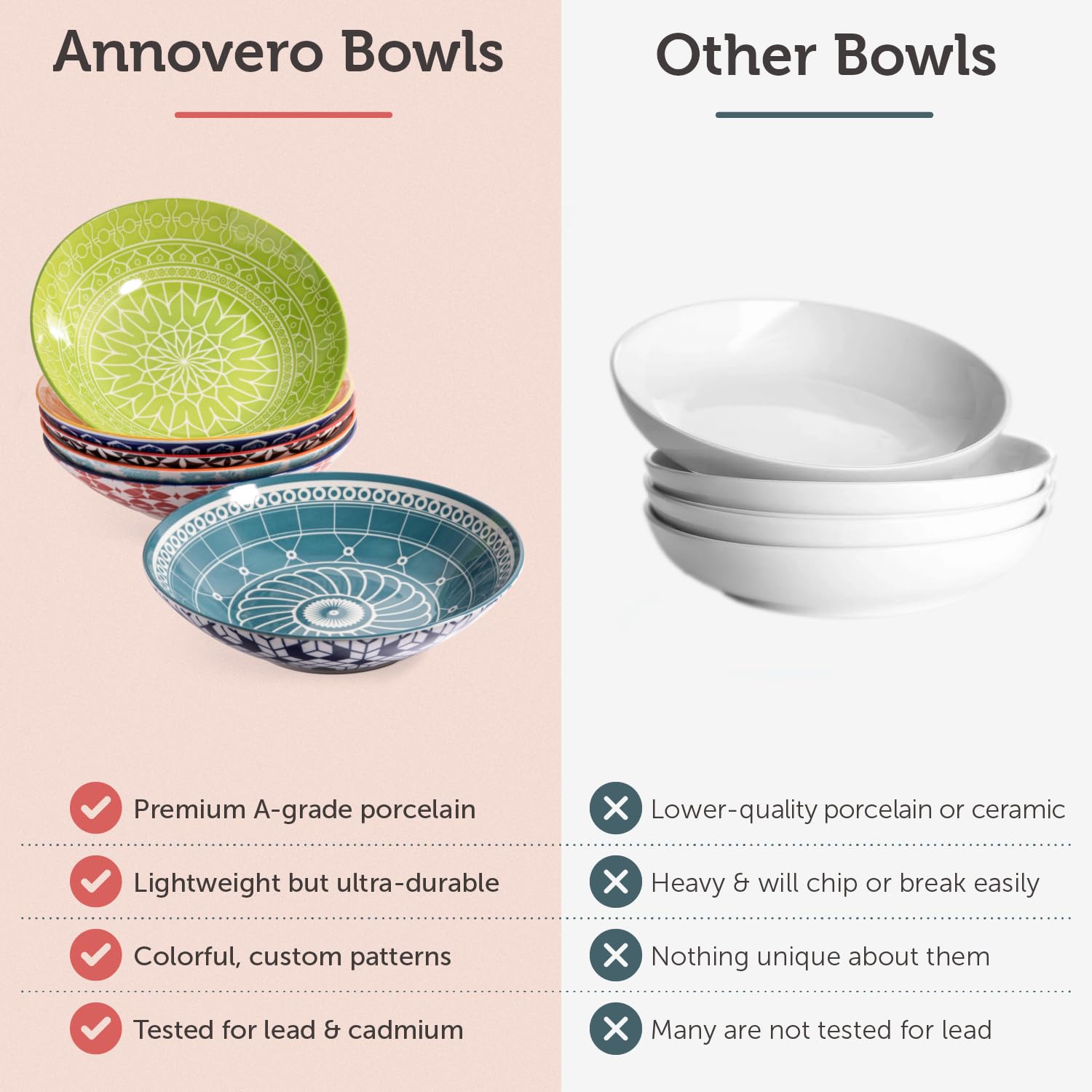 Annovero 42oz Pasta Bowls Set of 6 - Microwave & Dishwasher Safe Colorful Porcelain Soup & Salad Bowls for Kitchen & Dining