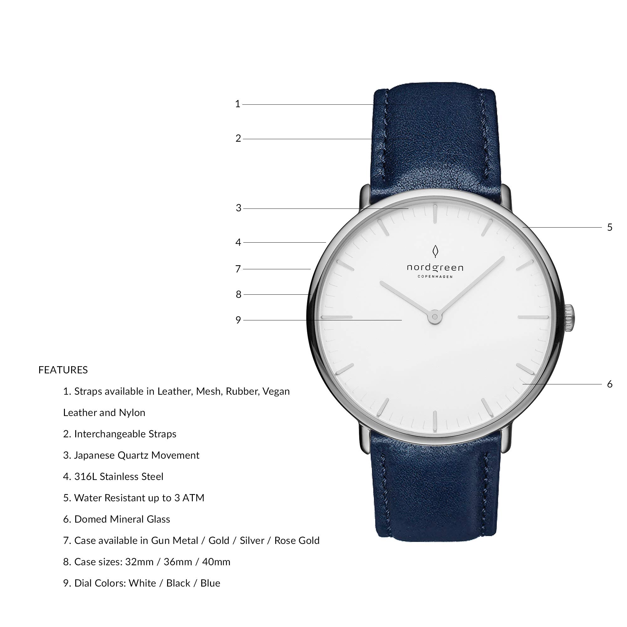 Nordgreen Native Scandinavian Silver Watch - Premium Stainless Steel Timepiece with Interchangeable Leather & Mesh Straps | Perfect for Business, Casual & Formal Occasions