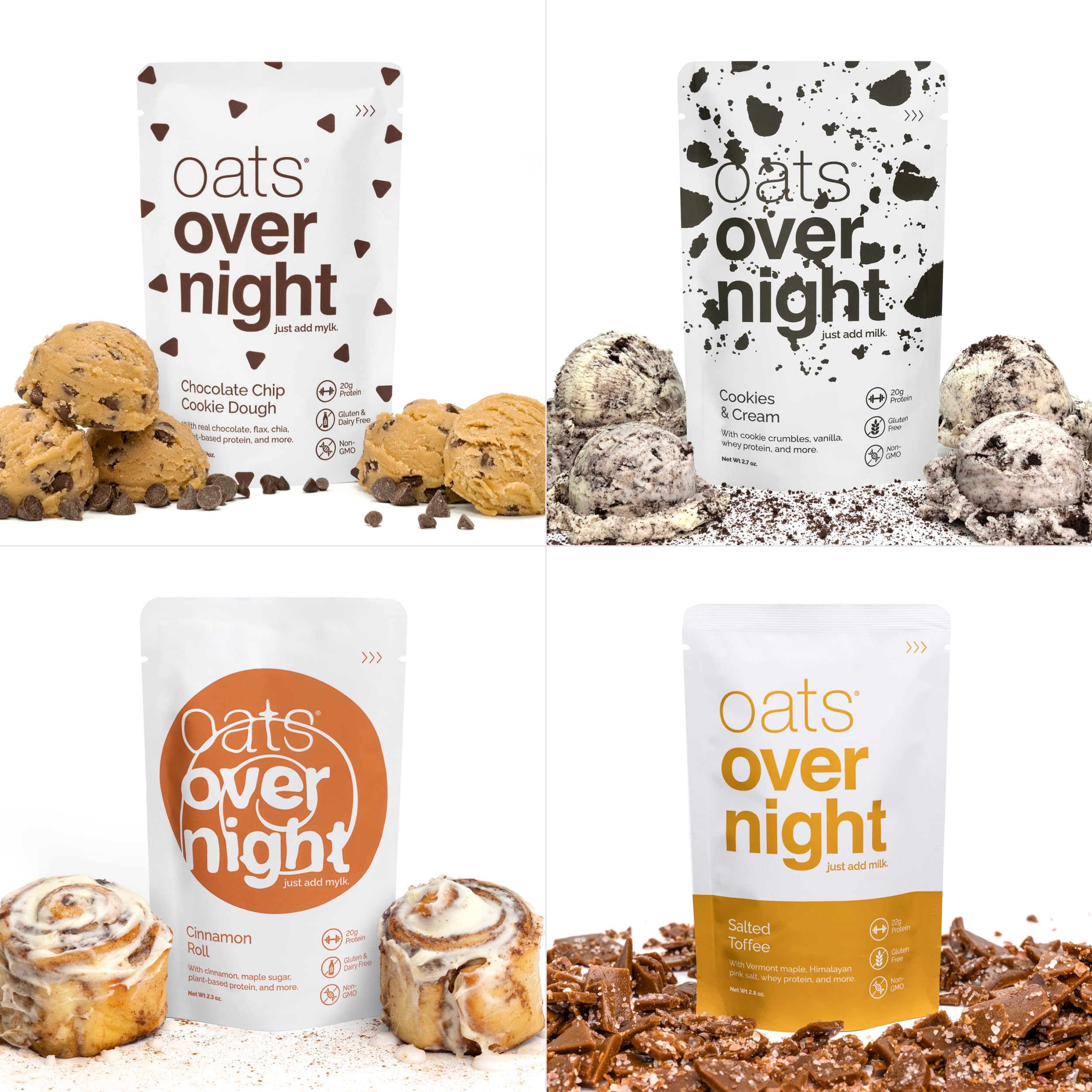 Oats Overnight Dessert Variety Pack - High Protein & Fiber Breakfast Shake - Gluten Free, Non-GMO Oatmeal - Salted Toffee, Chocolate Satin Pie (8 Pack + BlenderBottle) | Quick Healthy Breakfast, Post-Workout Meal, On-the-Go Nutrition