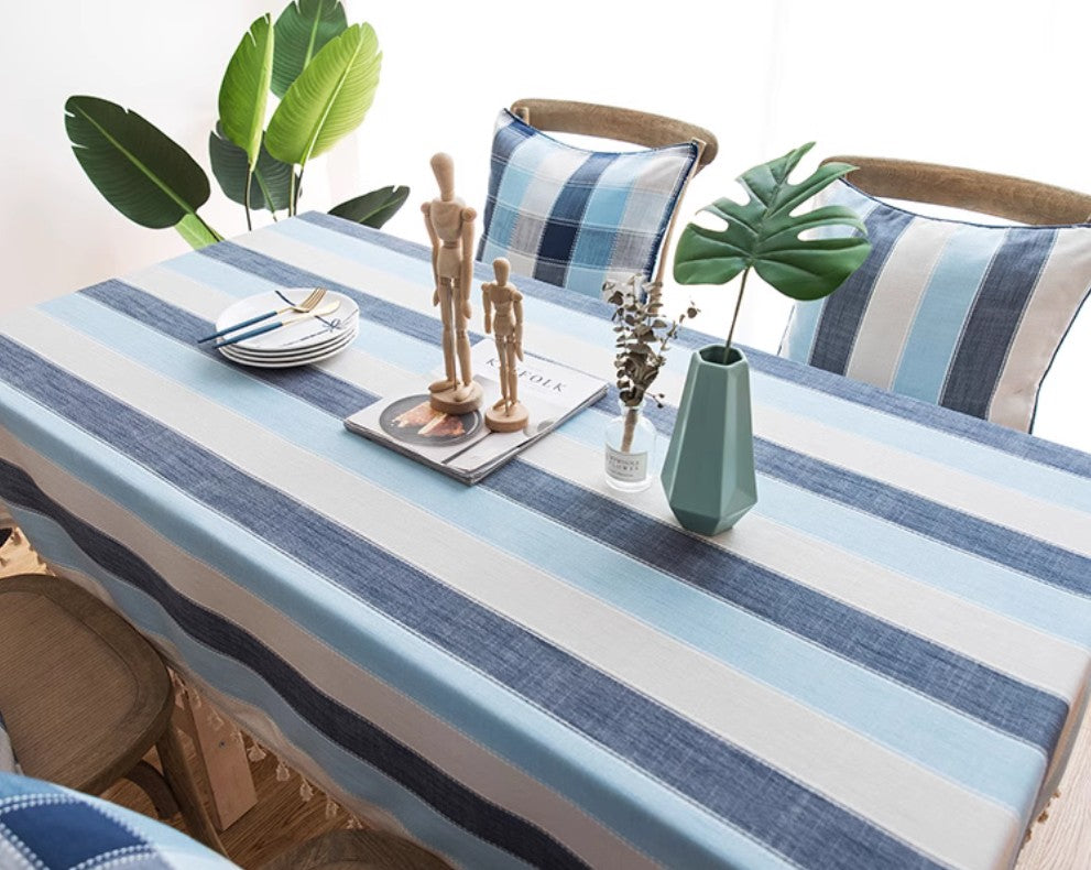 Blue Stripe Rectangular Tablecloth for Oval Table - Cotton Linen Blend Table Cover for Coffee & Dining Room - Modern Home Decor for Parties & Everyday Use