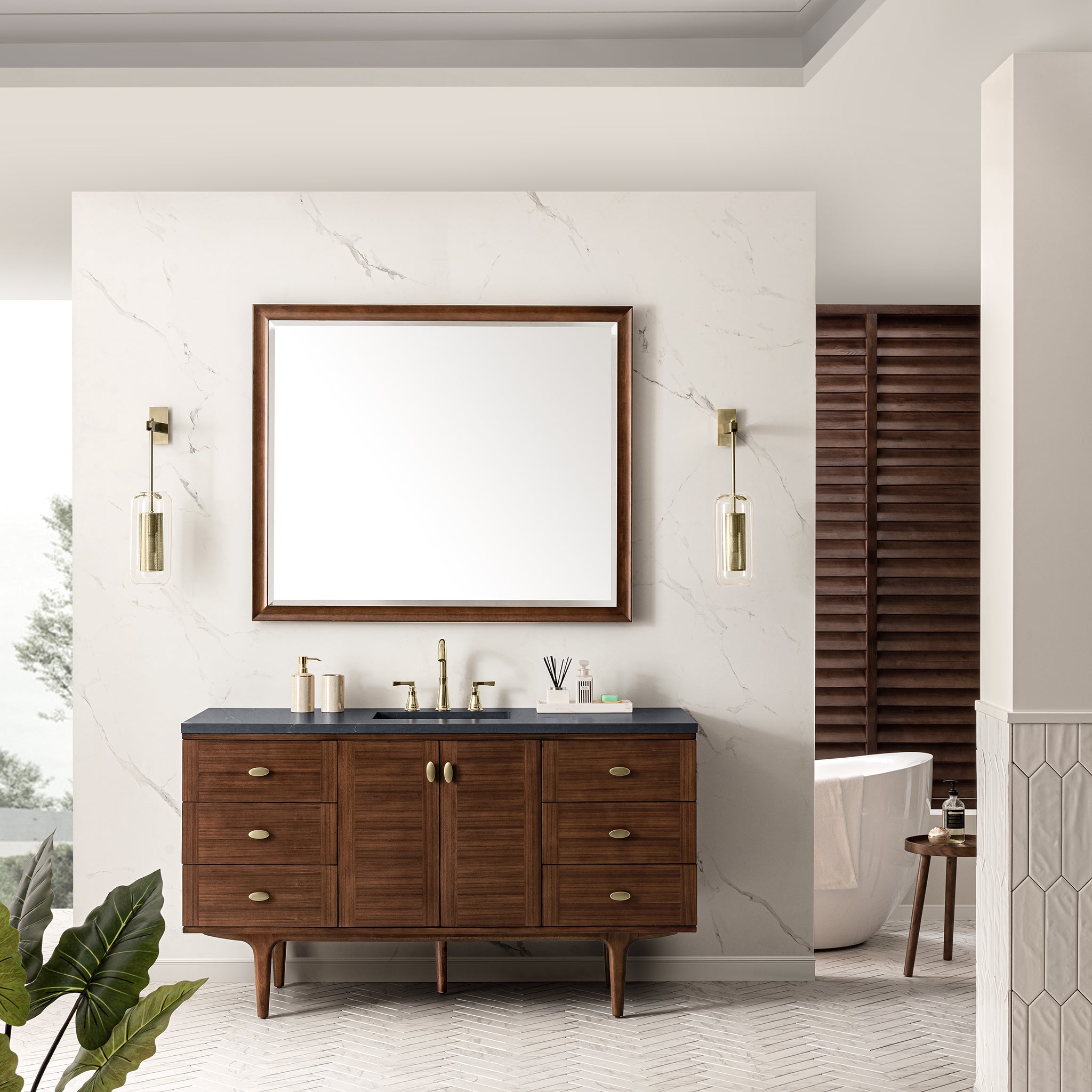Amberly 60 Inch Single Bathroom Vanity with Mid-Century Walnut Finish & 3CM Charcoal Soapstone Top - Perfect for Modern and Vintage Bathroom Designs