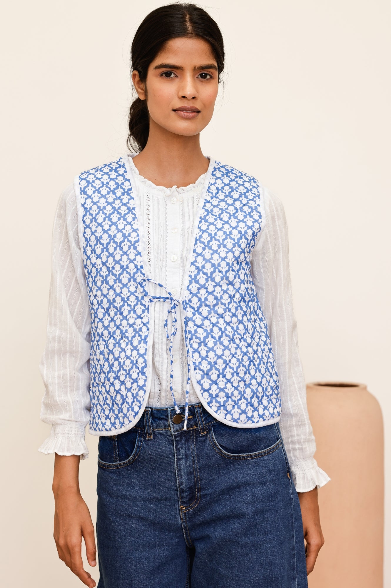 Arlo Quilted Organic Cotton Gilet with Flower Stamp - Cornflower & White | Lightweight Layering Vest for Women | Perfect for Spring Outfits, Casual Wear & Outdoor Activities