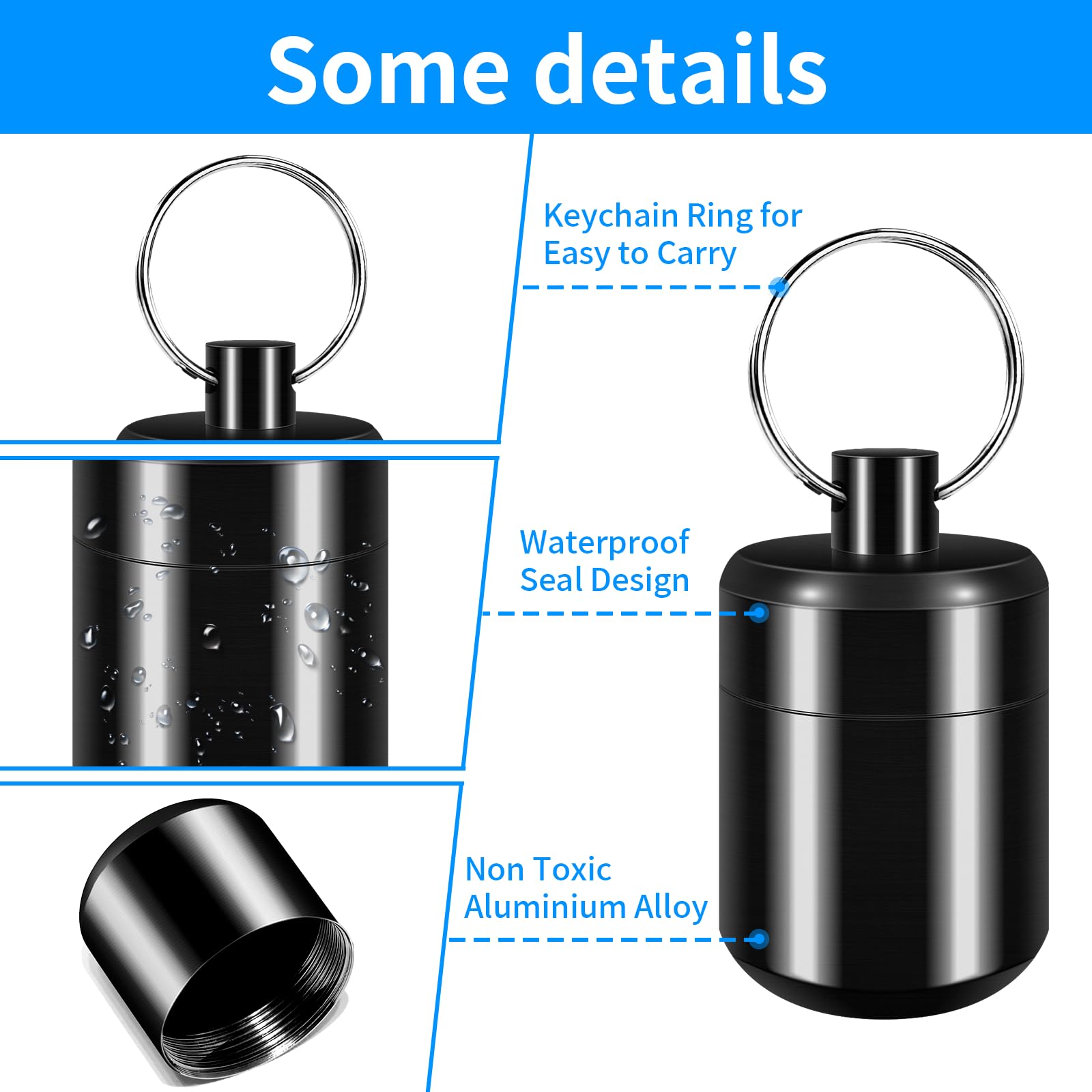 Waterproof Portable Pill Keychain Holder - Small Pill Box Organizer with Keychain for Travel, Gym & Daily Use (Black, 2 Pack)