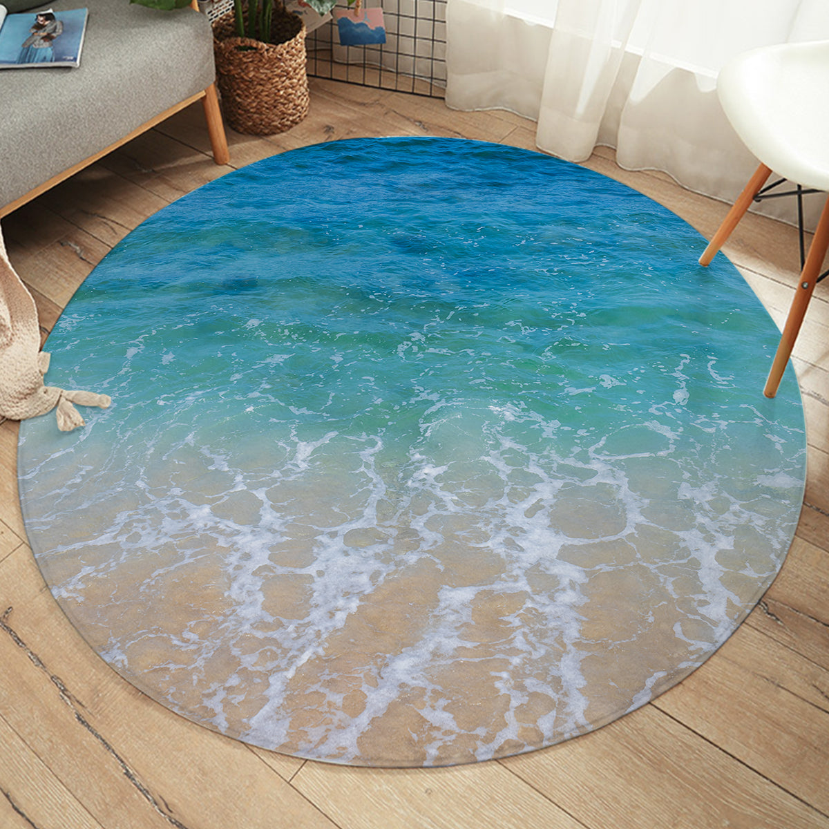 Soft Round Boho Beach Area Rug - Non-Slip Coastal Decor for Living Room, Bedroom, or Outdoor Patio - Perfect for Seaside Homes and Vacation Rentals
