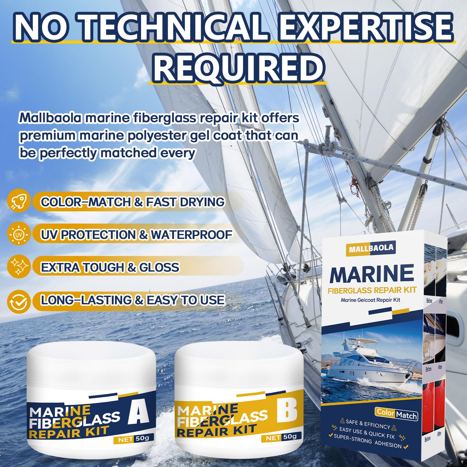 **Marine Fiberglass & Gel Coat Repair Kit for Boats - Epoxy Filler to Fix Holes, Chips, Pits, Cracks (Color Match) - Perfect for DIY Boat Hull, Deck & Surface Repairs**